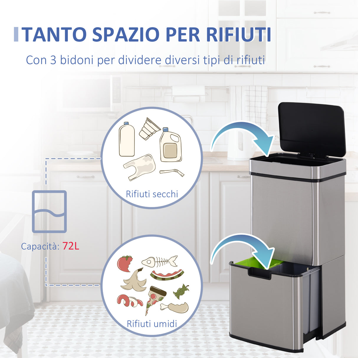 easycomfort easycomfort pattumiera automatica 72l con sensore infrarossi 3 scomparti e coperchio rimovibile acciaio e abs 42x30x81cm