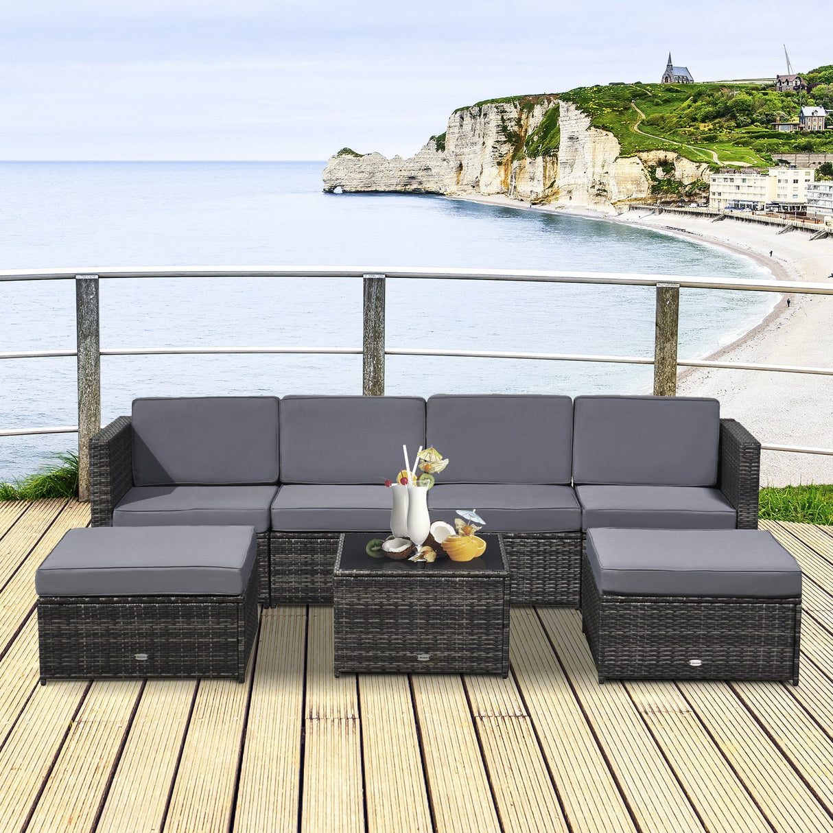 easycomfort easycomfort set da 7 pezzi salotto da esterni in rattan con poltrona pouf tavolino grigio