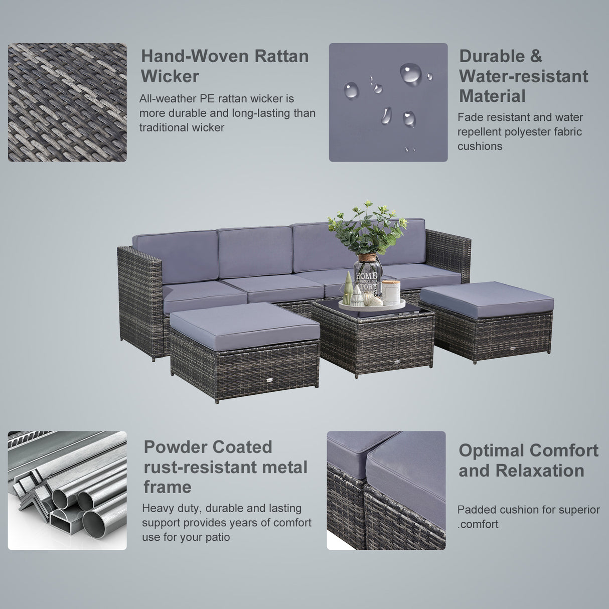 easycomfort easycomfort set da 7 pezzi salotto da esterni in rattan con poltrona pouf tavolino grigio