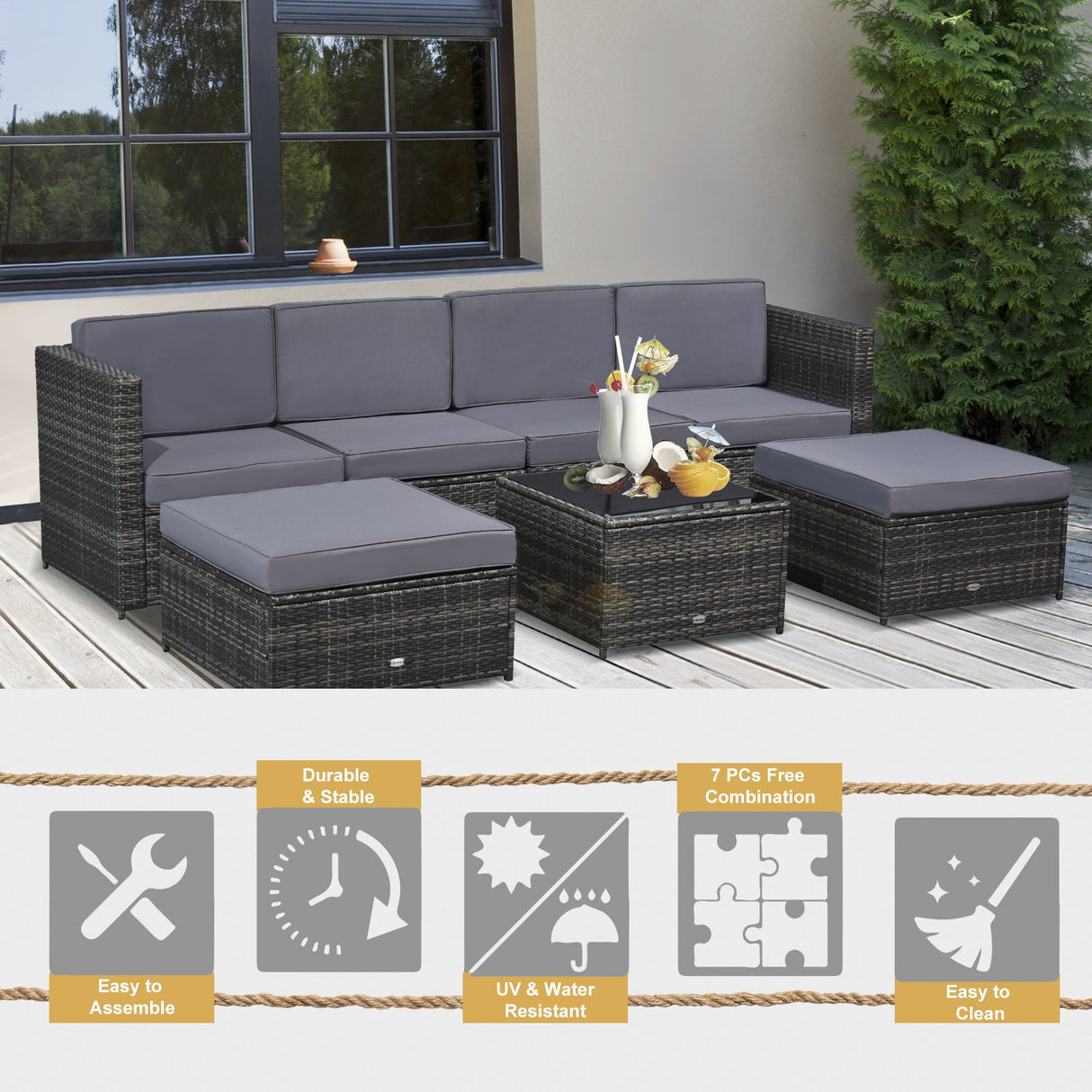 easycomfort easycomfort set da 7 pezzi salotto da esterni in rattan con poltrona pouf tavolino grigio