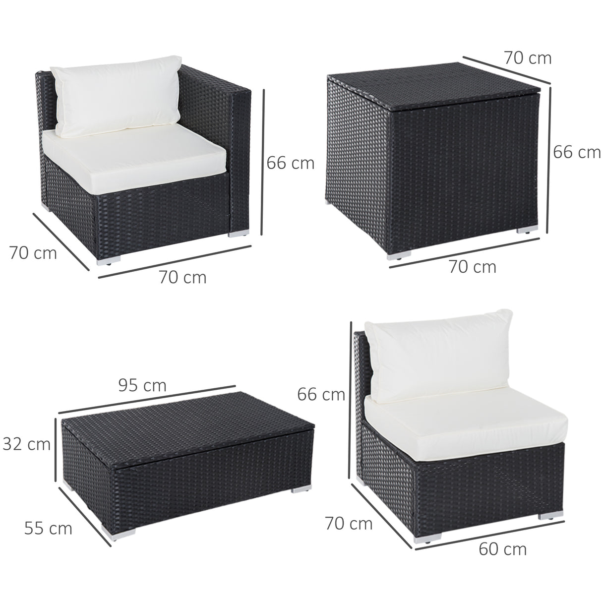 easycomfort easycomfort set da giardino 6 pezzi 4 poltrone con cuscini e 2 tavolini contenitore in rattan pe nero e crema