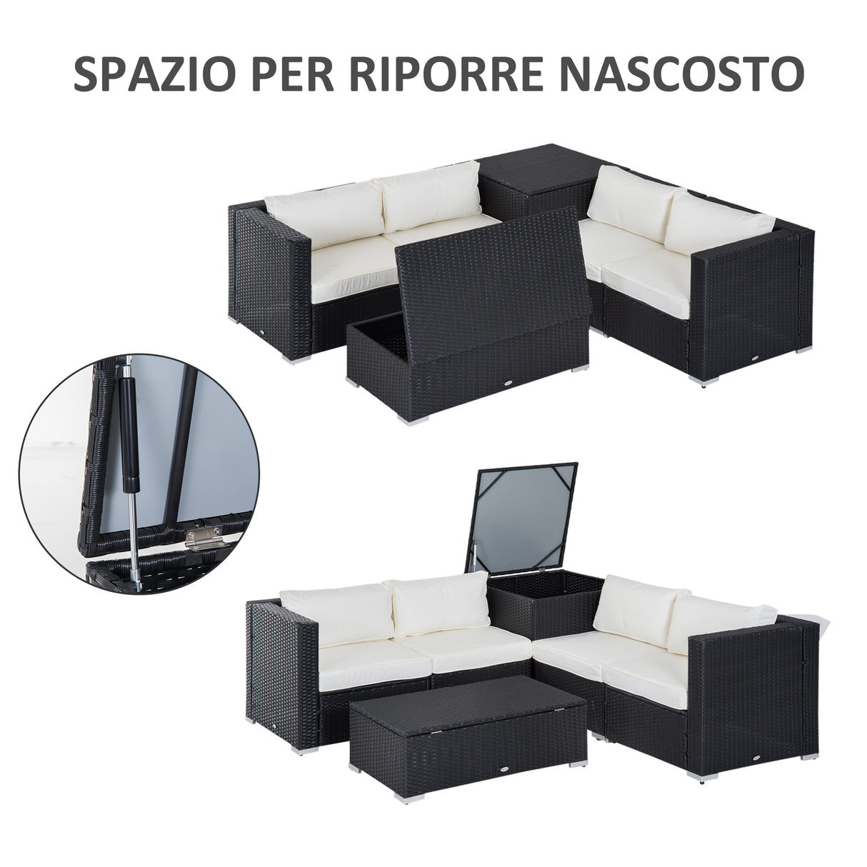easycomfort easycomfort set da giardino 6 pezzi 4 poltrone con cuscini e 2 tavolini contenitore in rattan pe nero e crema