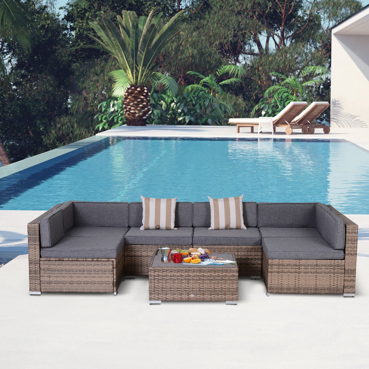easycomfort easycomfort salotto da giardino in rattan da 7 pezzi con tavolino e divano modulabile con cuscini grigio