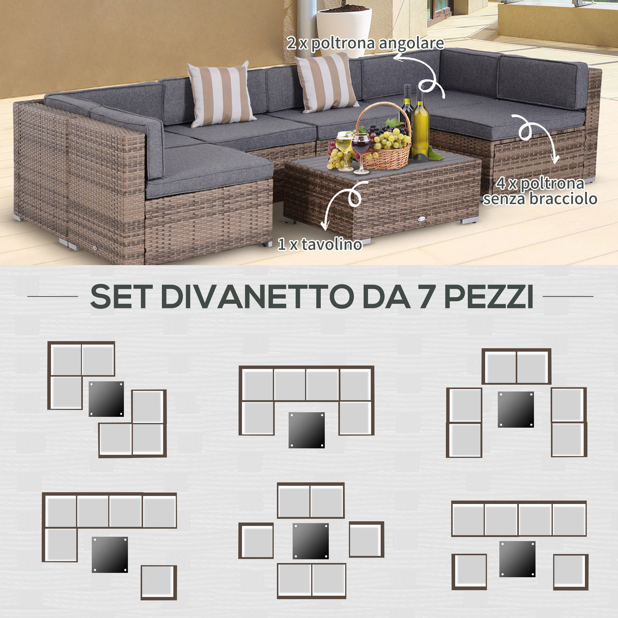 easycomfort easycomfort salotto da giardino in rattan da 7 pezzi con tavolino e divano modulabile con cuscini grigio