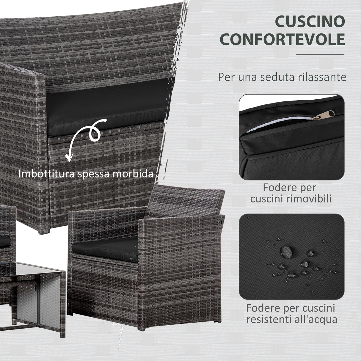 easycomfort easycomfort set mobili da giardino in pe rattan grigio divano con 2 poltroncine e tavolino