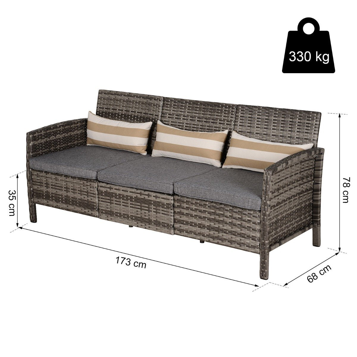 easycomfort easycomfort divano 3 posti da esterni in pe rattan con cuscini a righe grigio 173x68x78cm ean 8055776913681