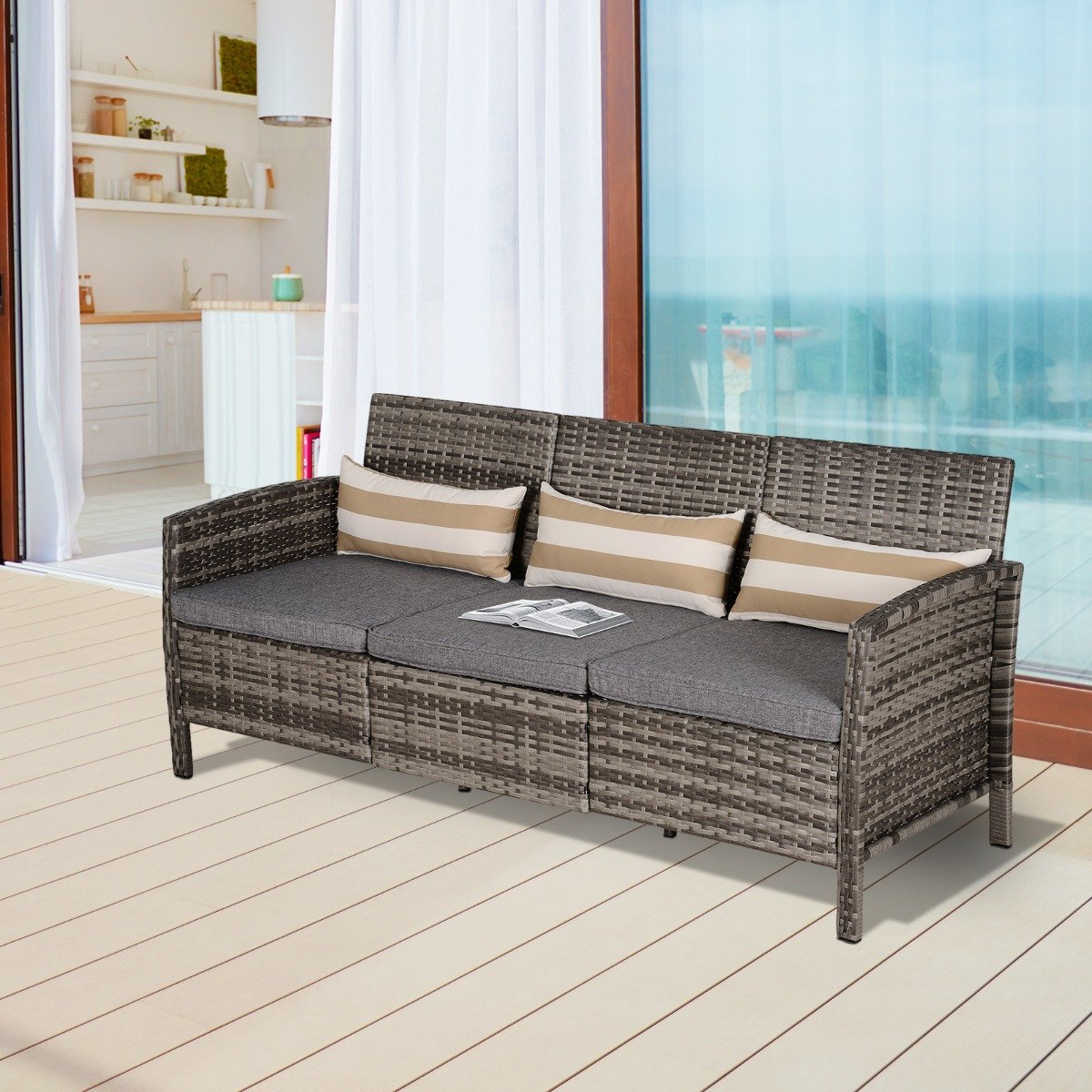 easycomfort easycomfort divano 3 posti da esterni in pe rattan con cuscini a righe grigio 173x68x78cm ean 8055776913681