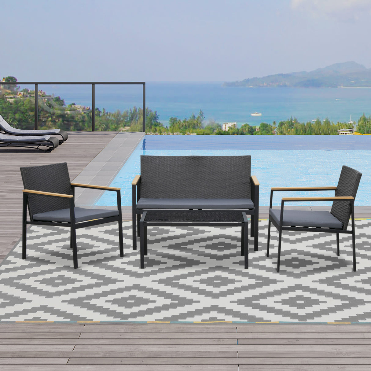 easycomfort easycomfort set 4 pezzi salottino da giardino in pe rattan con braccioli in legno nero