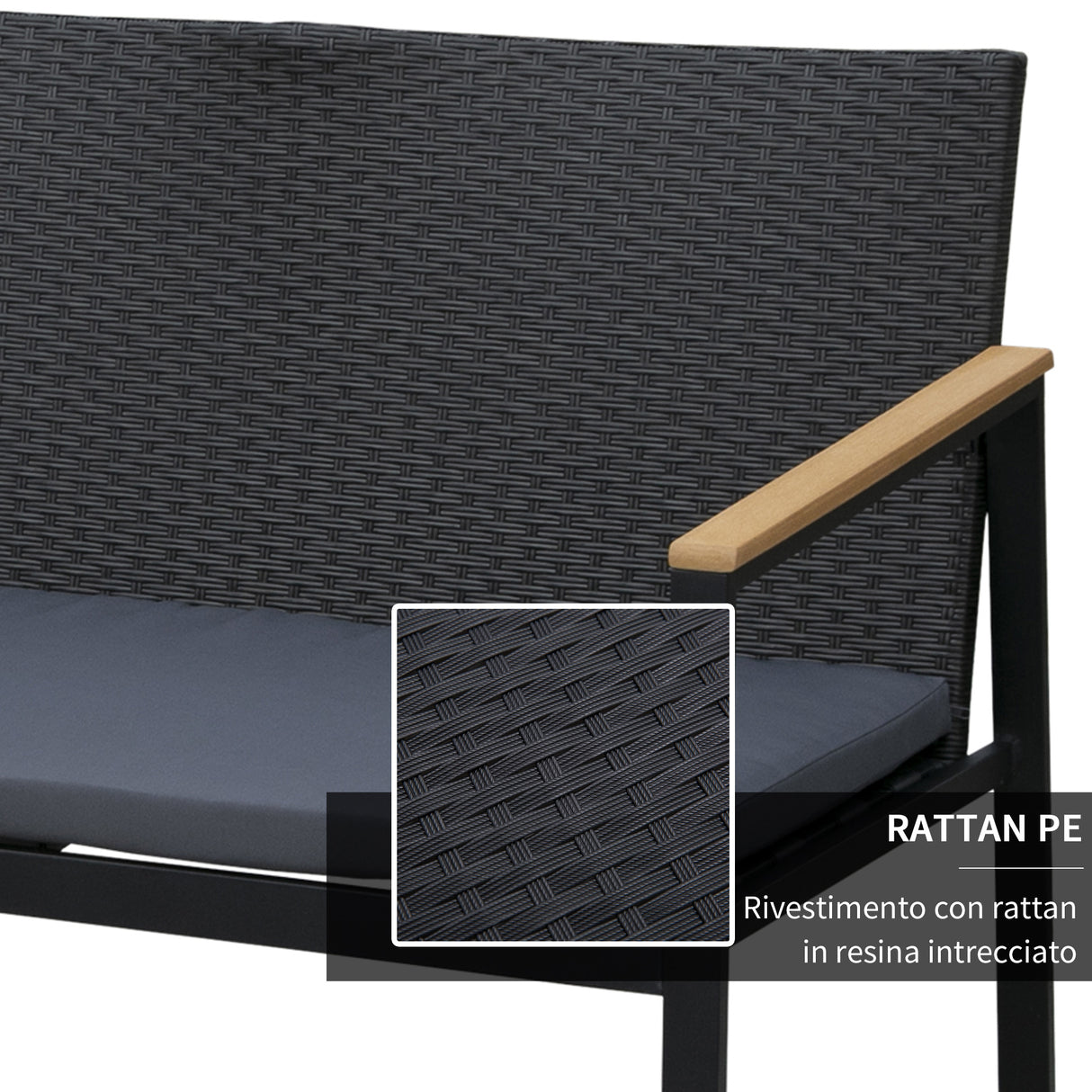 easycomfort easycomfort set 4 pezzi salottino da giardino in pe rattan con braccioli in legno nero