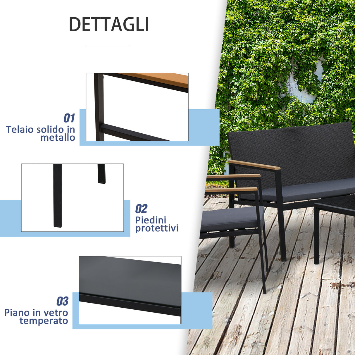 easycomfort easycomfort set 4 pezzi salottino da giardino in pe rattan con braccioli in legno nero