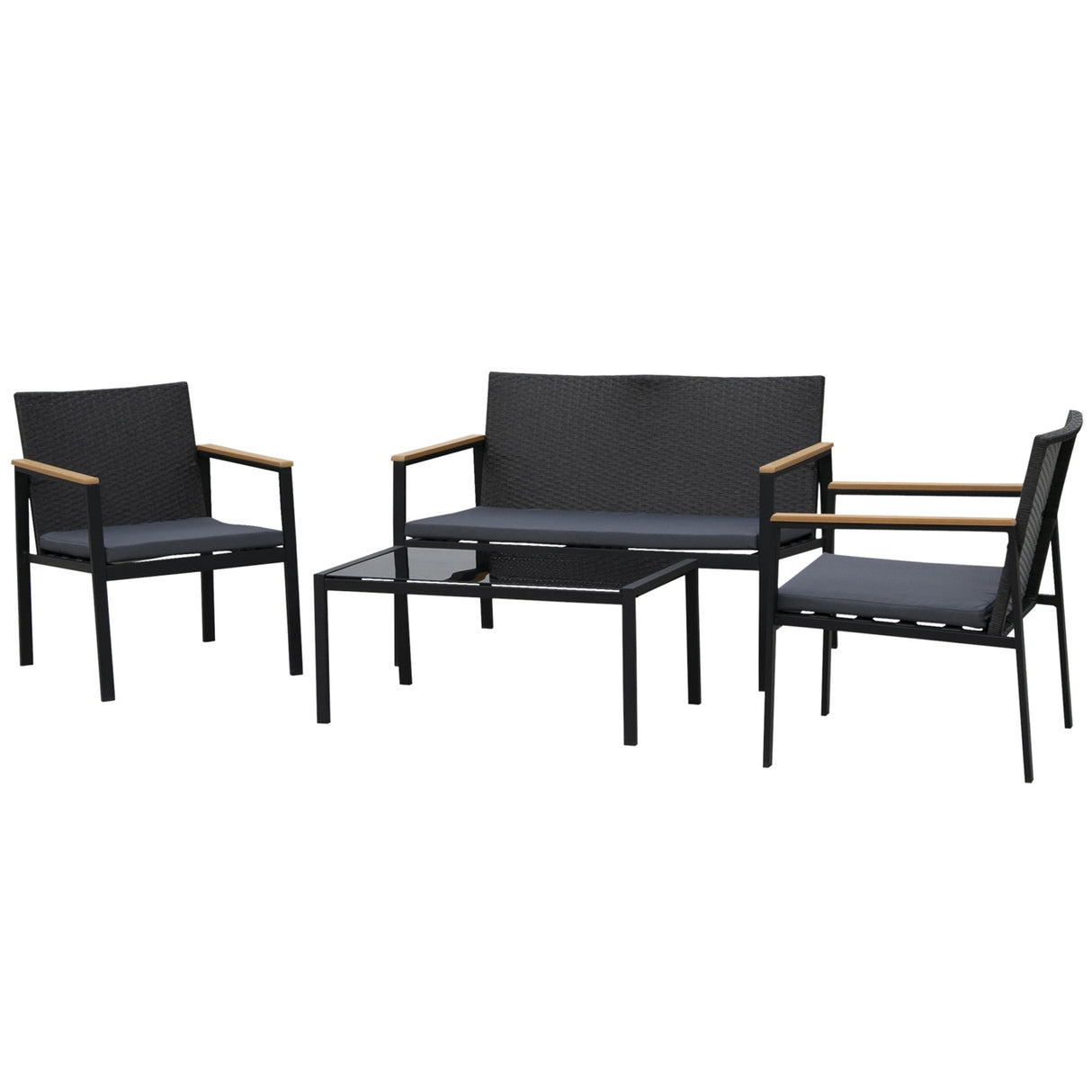 easycomfort easycomfort set 4 pezzi salottino da giardino in pe rattan con braccioli in legno nero