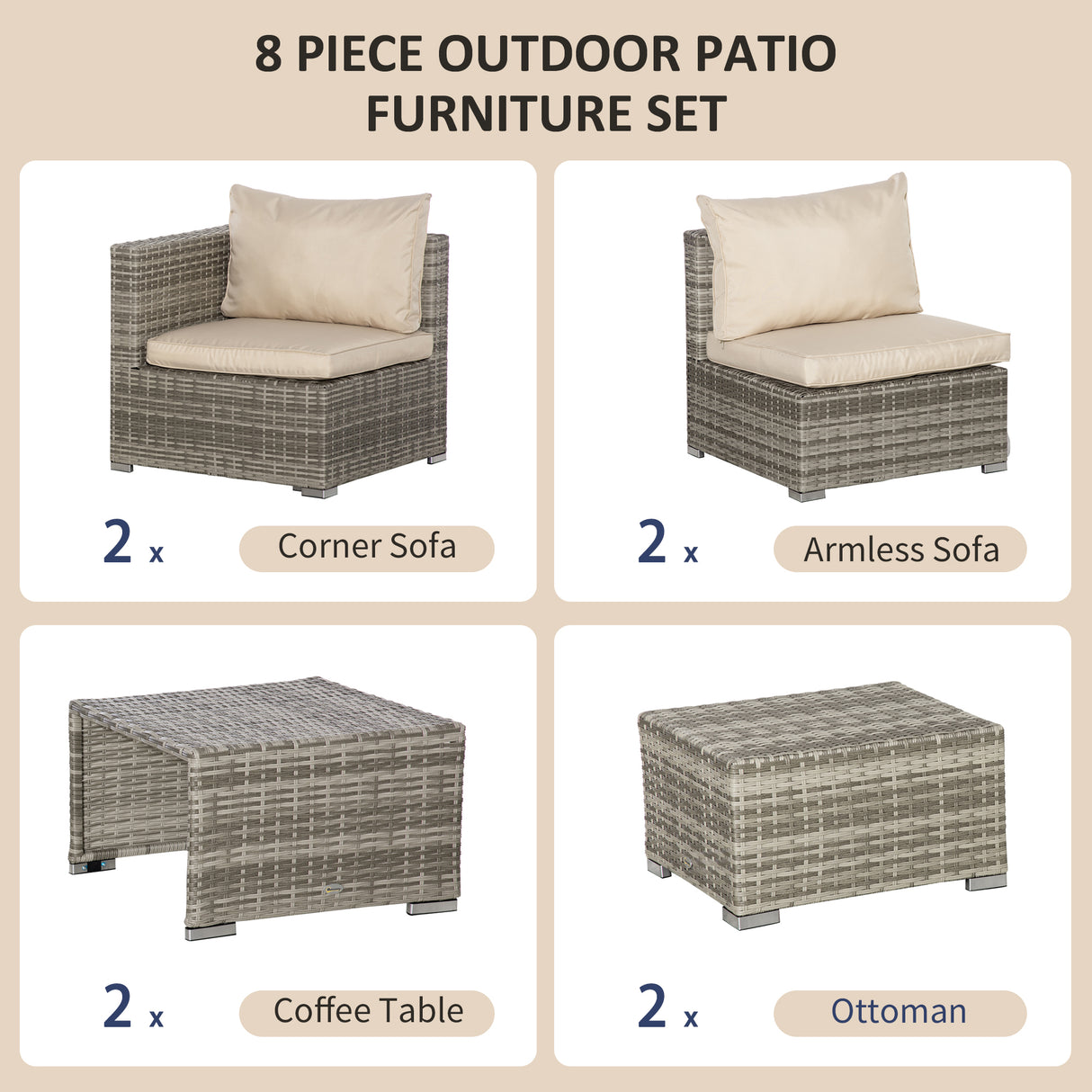 easycomfort easycomfort salotto da giardino in rattan pe da 8 pezzi con poltrone tavolini e sgabelli beige grigio