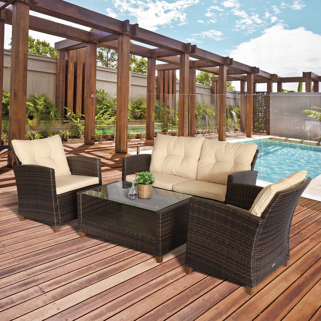 easycomfort easycomfort set mobili da giardino 4 pezzi in rattan pe tavolino divano e poltrone marrone con cuscini beige