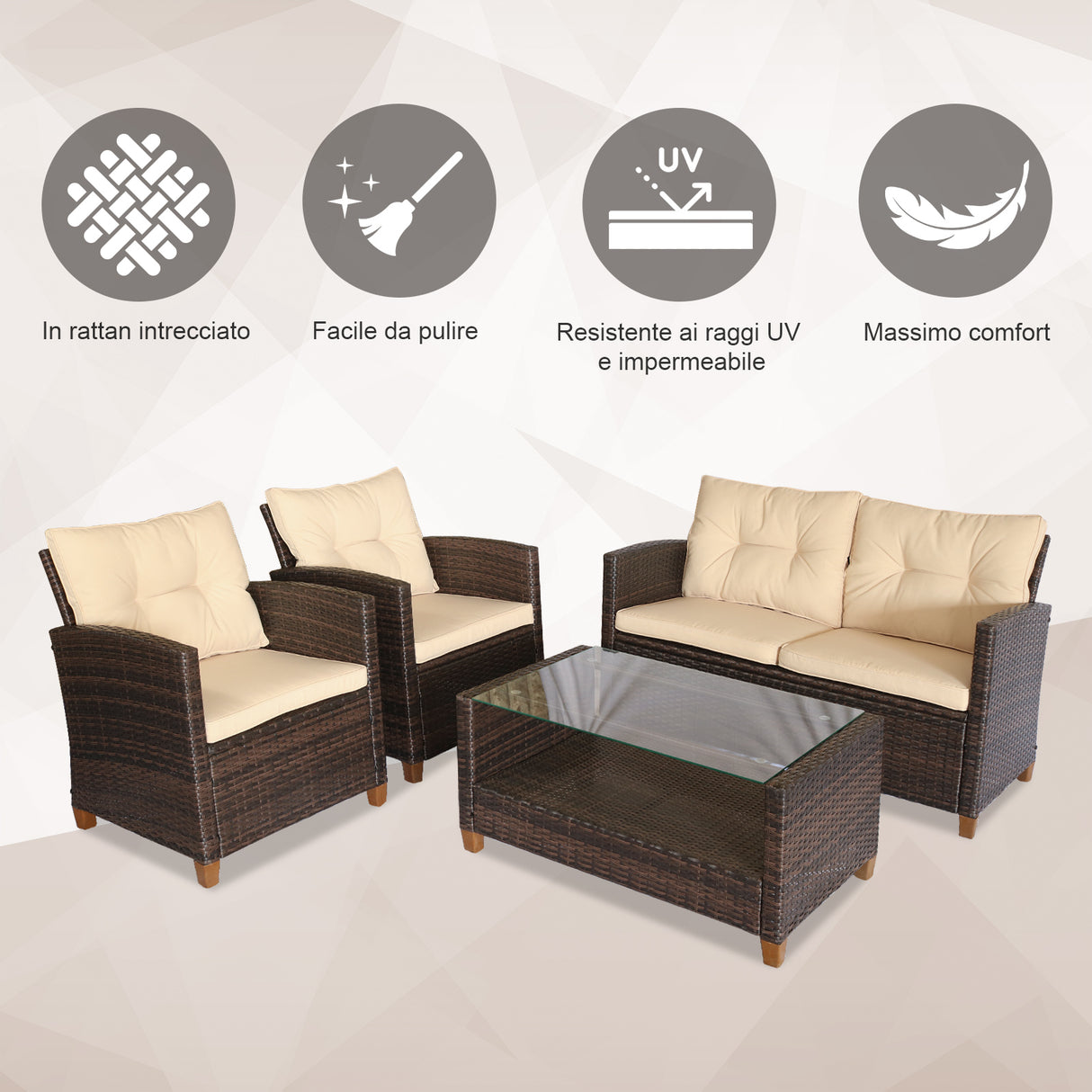easycomfort easycomfort set mobili da giardino 4 pezzi in rattan pe tavolino divano e poltrone marrone con cuscini beige