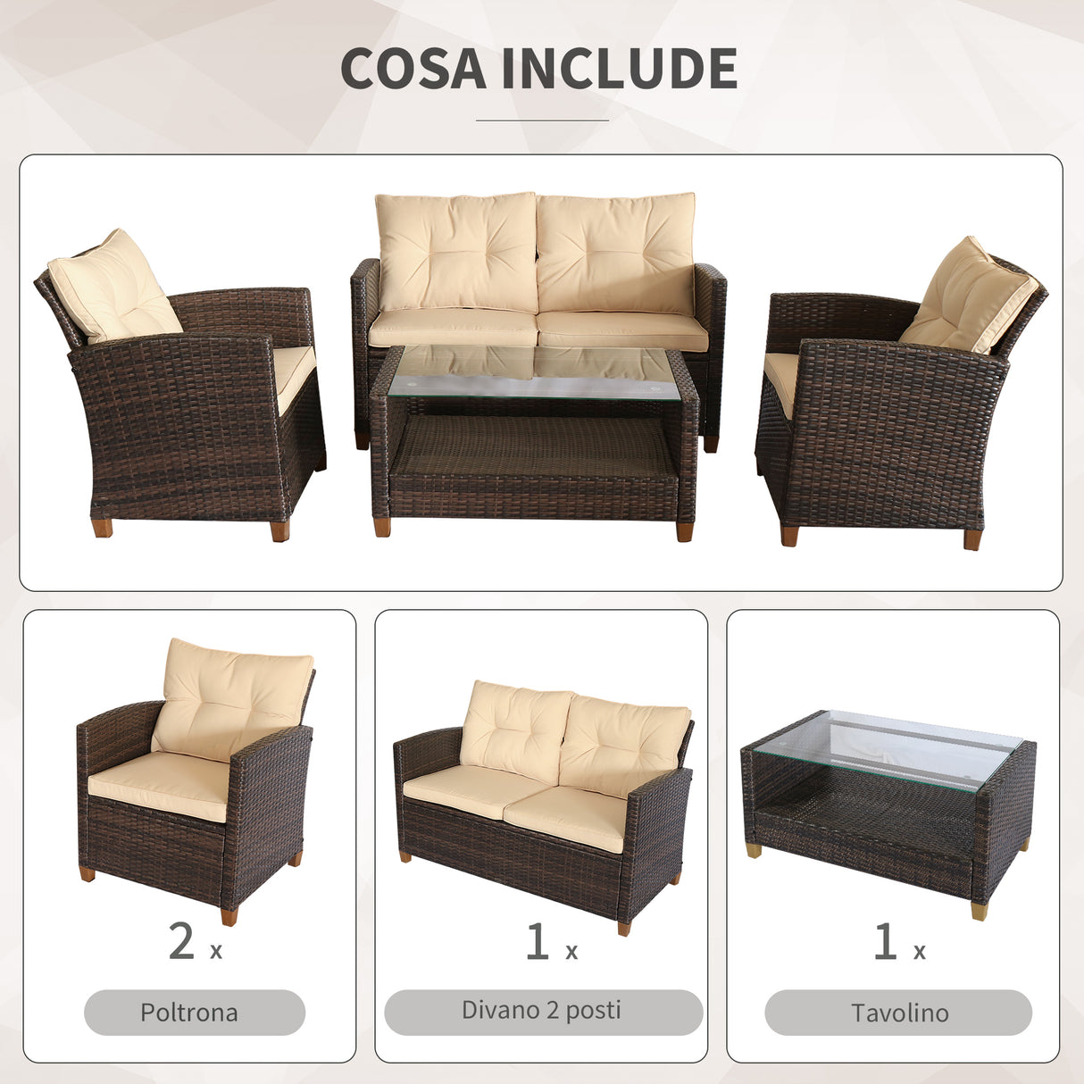 easycomfort easycomfort set mobili da giardino 4 pezzi in rattan pe tavolino divano e poltrone marrone con cuscini beige