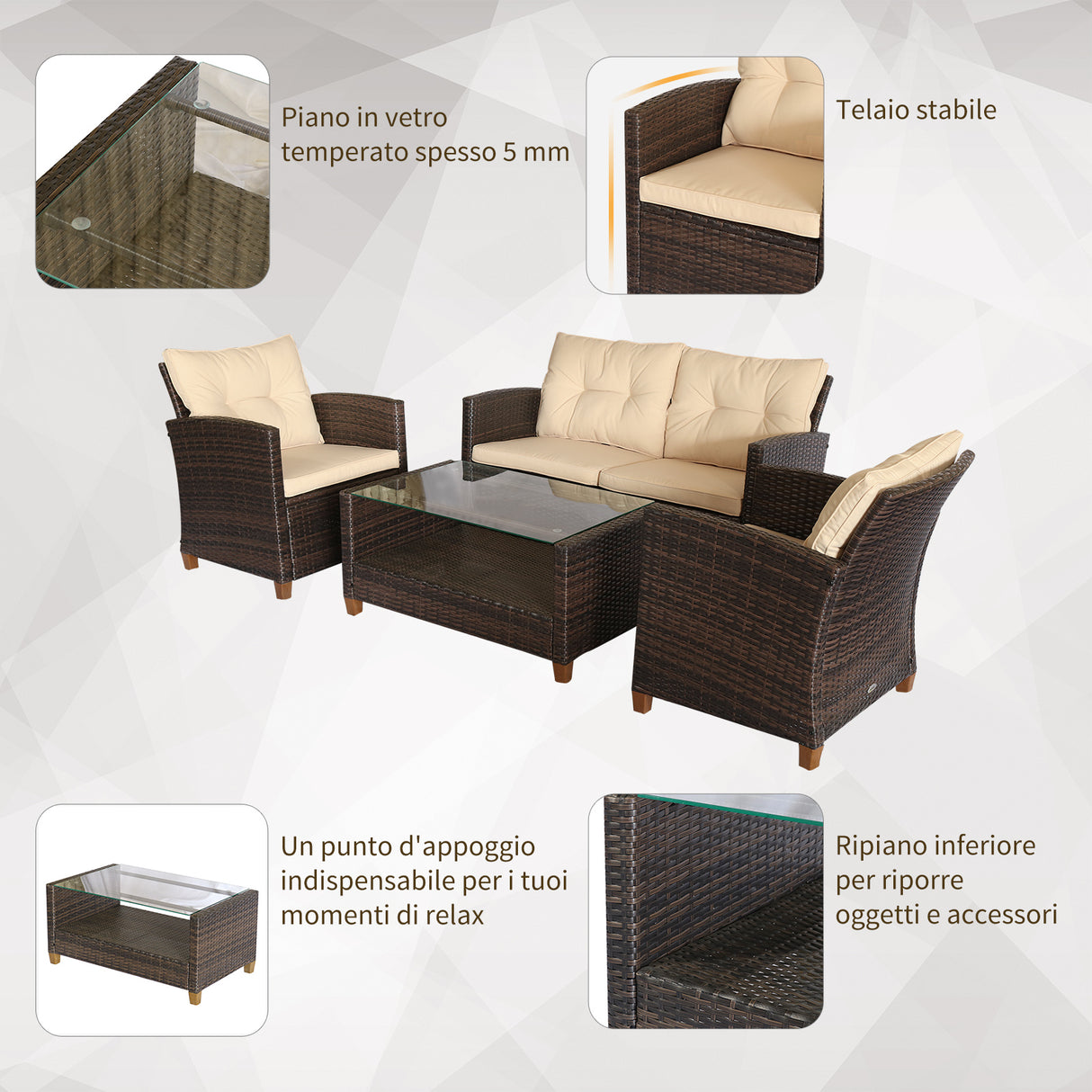 easycomfort easycomfort set mobili da giardino 4 pezzi in rattan pe tavolino divano e poltrone marrone con cuscini beige