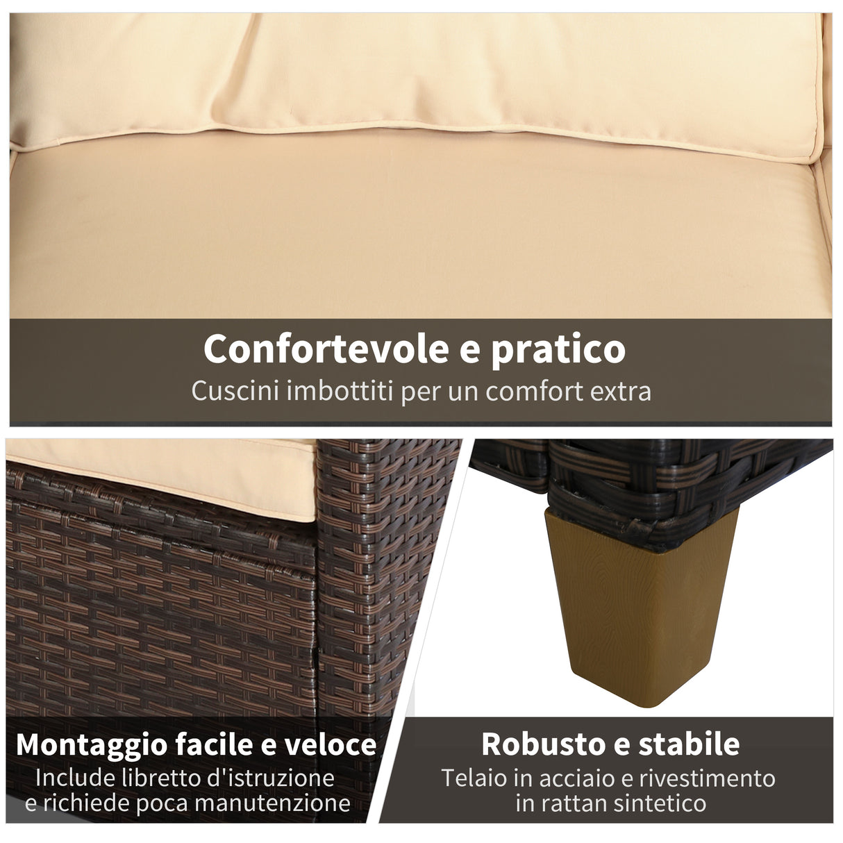 easycomfort easycomfort set mobili da giardino 4 pezzi in rattan pe tavolino divano e poltrone marrone con cuscini beige