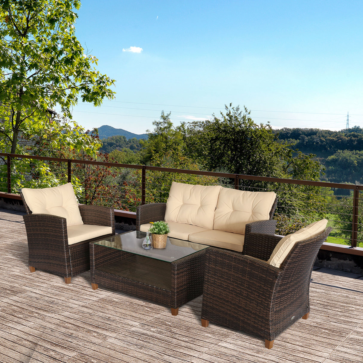 easycomfort easycomfort set mobili da giardino 4 pezzi in rattan pe tavolino divano e poltrone marrone con cuscini beige