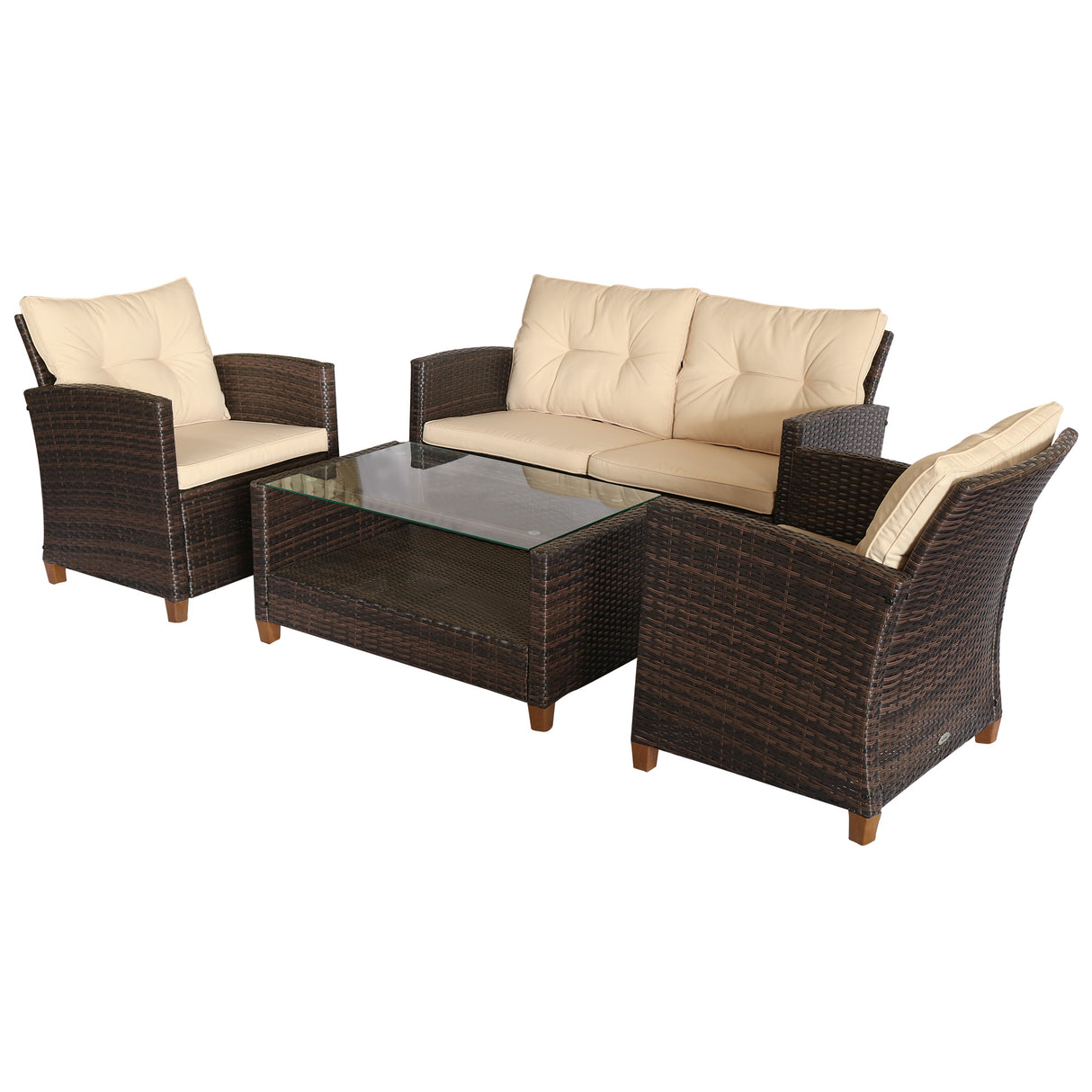 easycomfort easycomfort set mobili da giardino 4 pezzi in rattan pe tavolino divano e poltrone marrone con cuscini beige