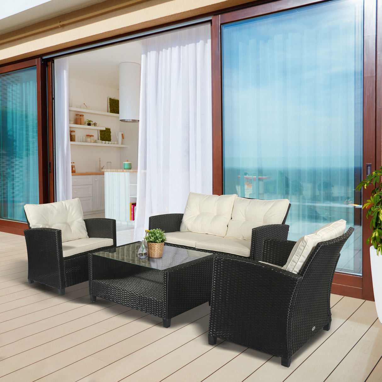 easycomfort easycomfort set mobili da giardino 4 pezzi in rattan pe tavolino divano e poltrone nero con cuscini beige