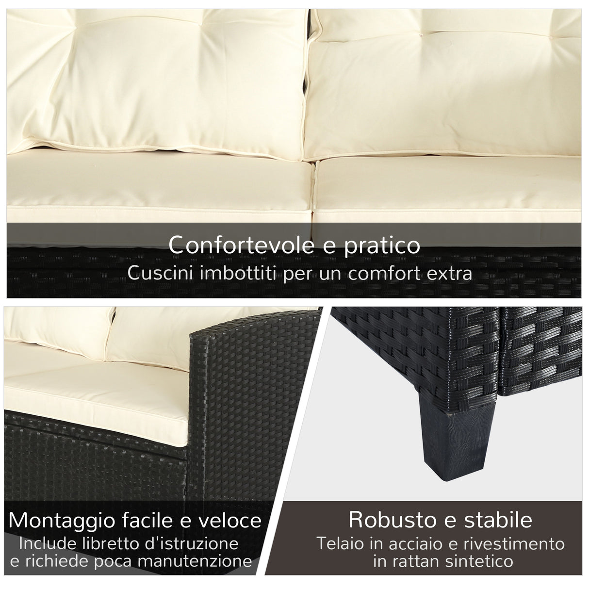 easycomfort easycomfort set mobili da giardino 4 pezzi in rattan pe tavolino divano e poltrone nero con cuscini beige