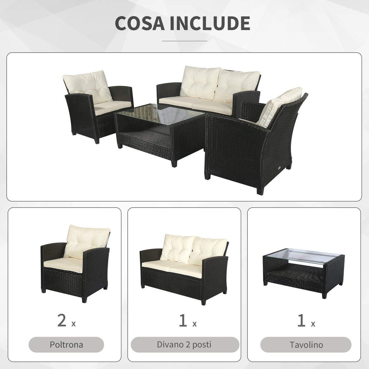 easycomfort easycomfort set mobili da giardino 4 pezzi in rattan pe tavolino divano e poltrone nero con cuscini beige