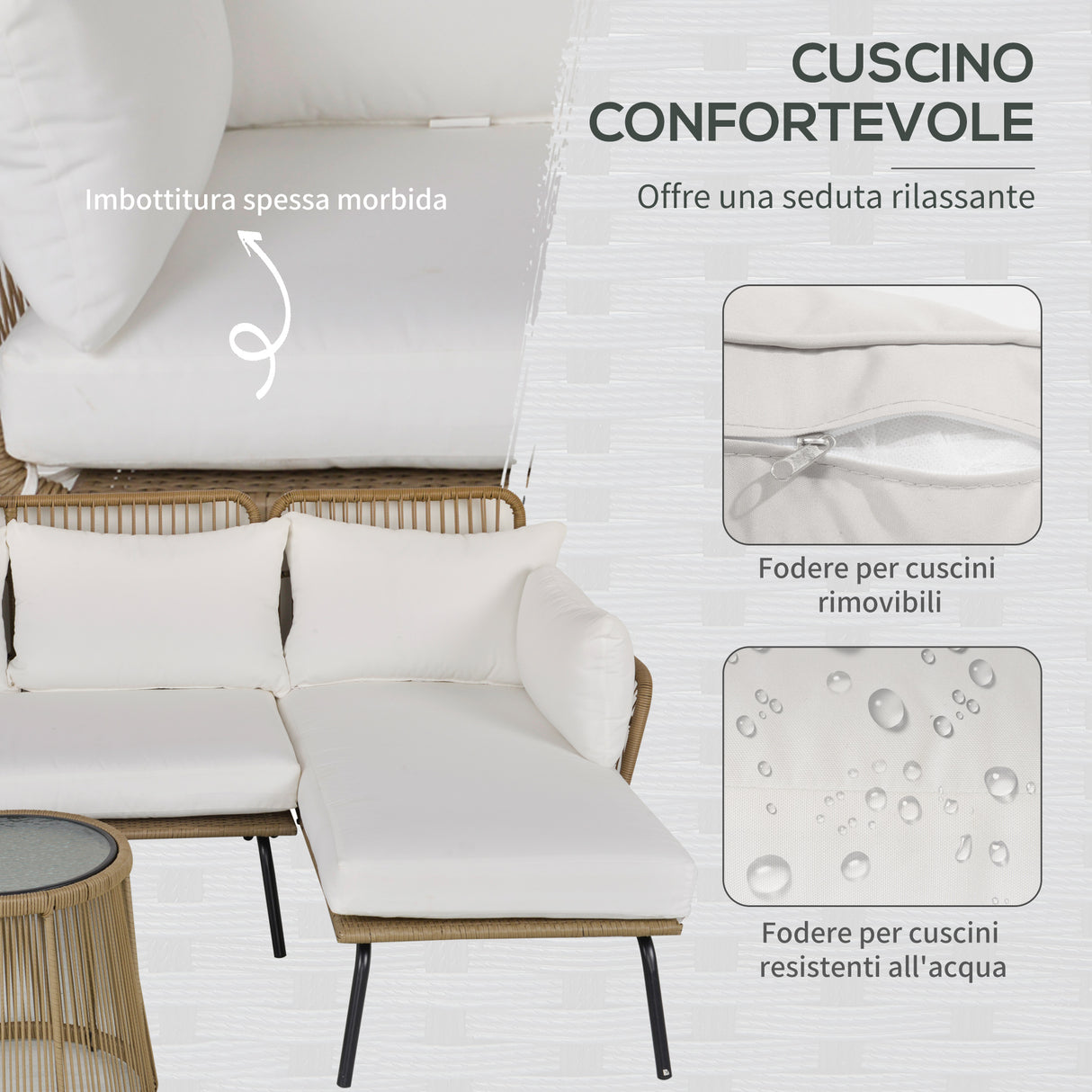 easycomfort easycomfort set 3 pezzi divano 2 posti chaise longue e tavolino beige e caffe