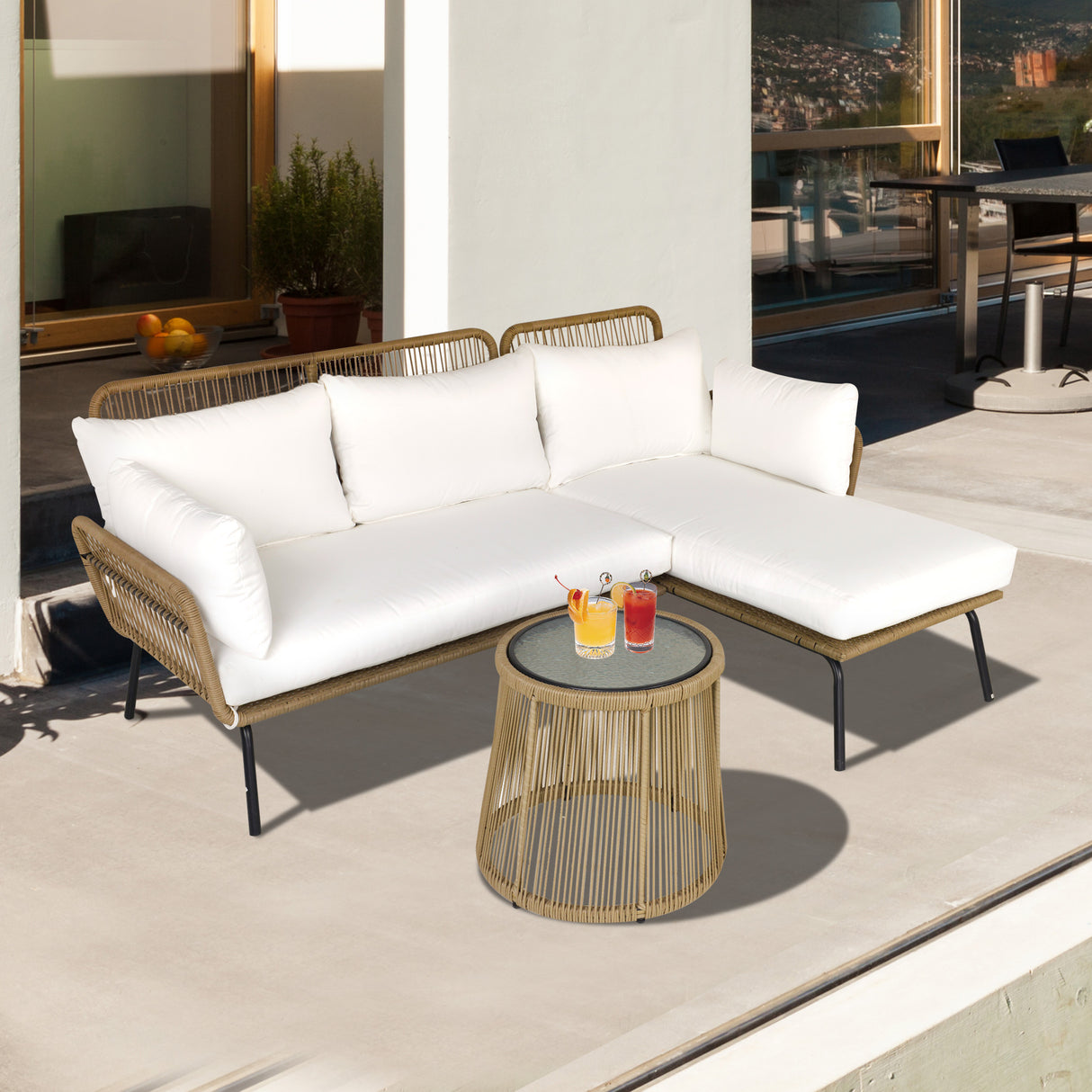 easycomfort easycomfort set 3 pezzi divano 2 posti chaise longue e tavolino beige e caffe