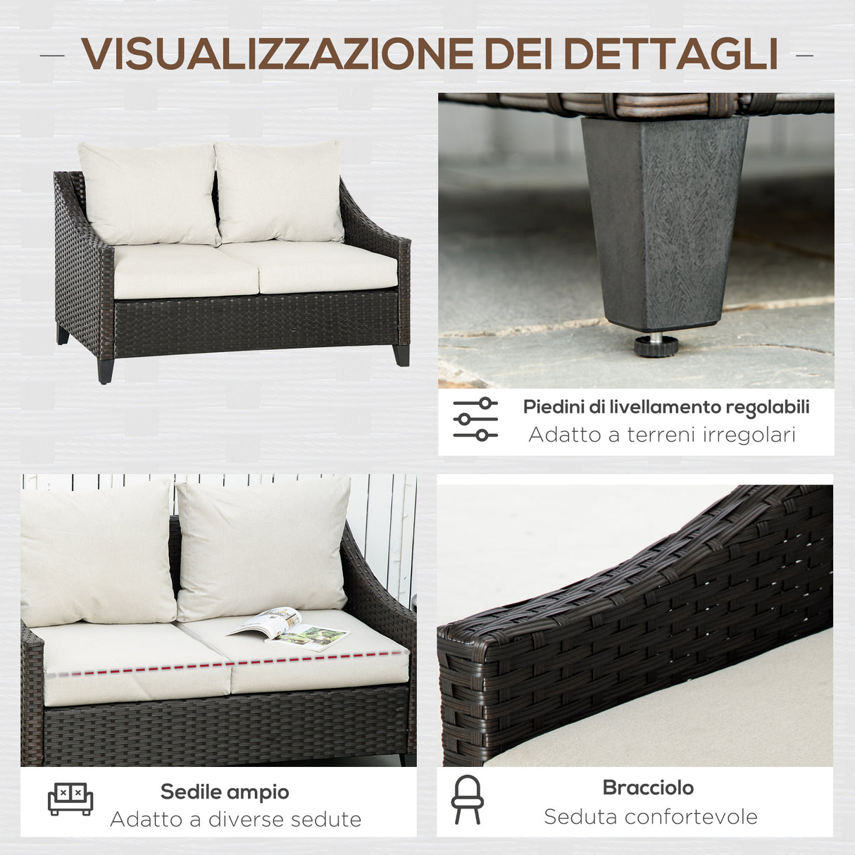 easycomfort easycomfort divano da giardino 2 posti in rattan pe divano da esterno con cuscini imbottiti e piedini regolabili 132x70x74cm marrone