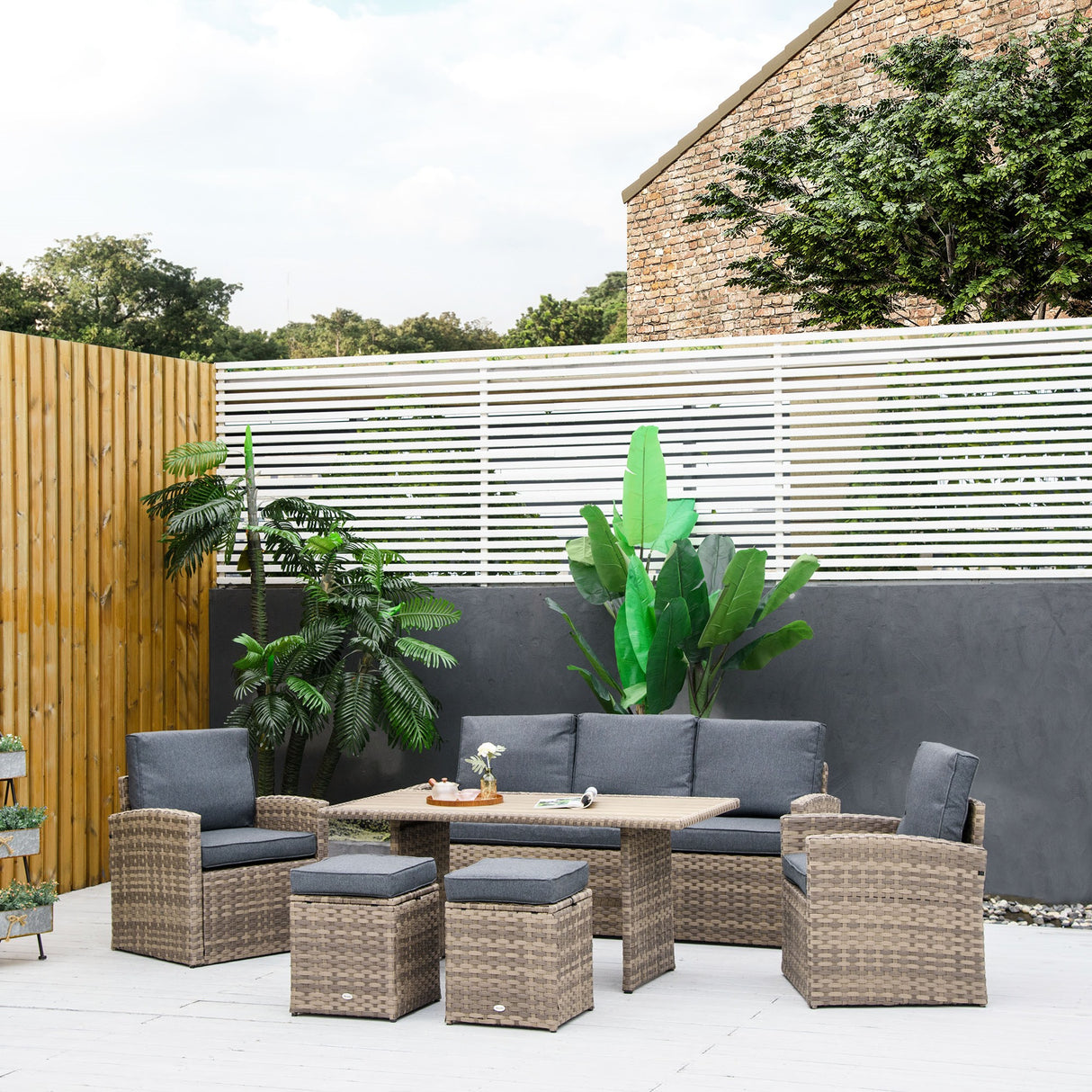 easycomfort easycomfort set salotto da giardino in rattan pe con divano 3 posti 2 poltrone 2 sgabelli e tavolo grigio