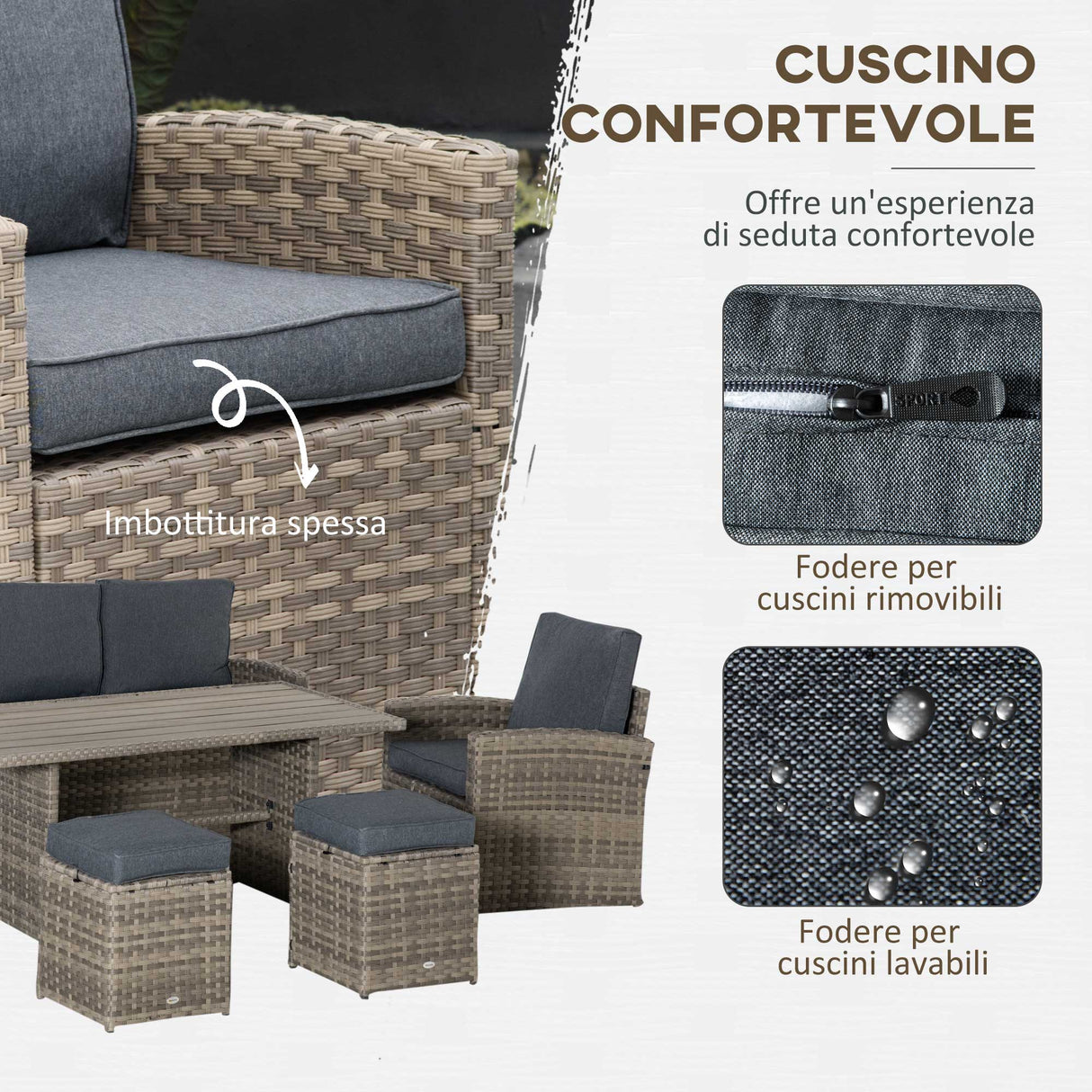 easycomfort easycomfort set salotto da giardino in rattan pe con divano 3 posti 2 poltrone 2 sgabelli e tavolo grigio