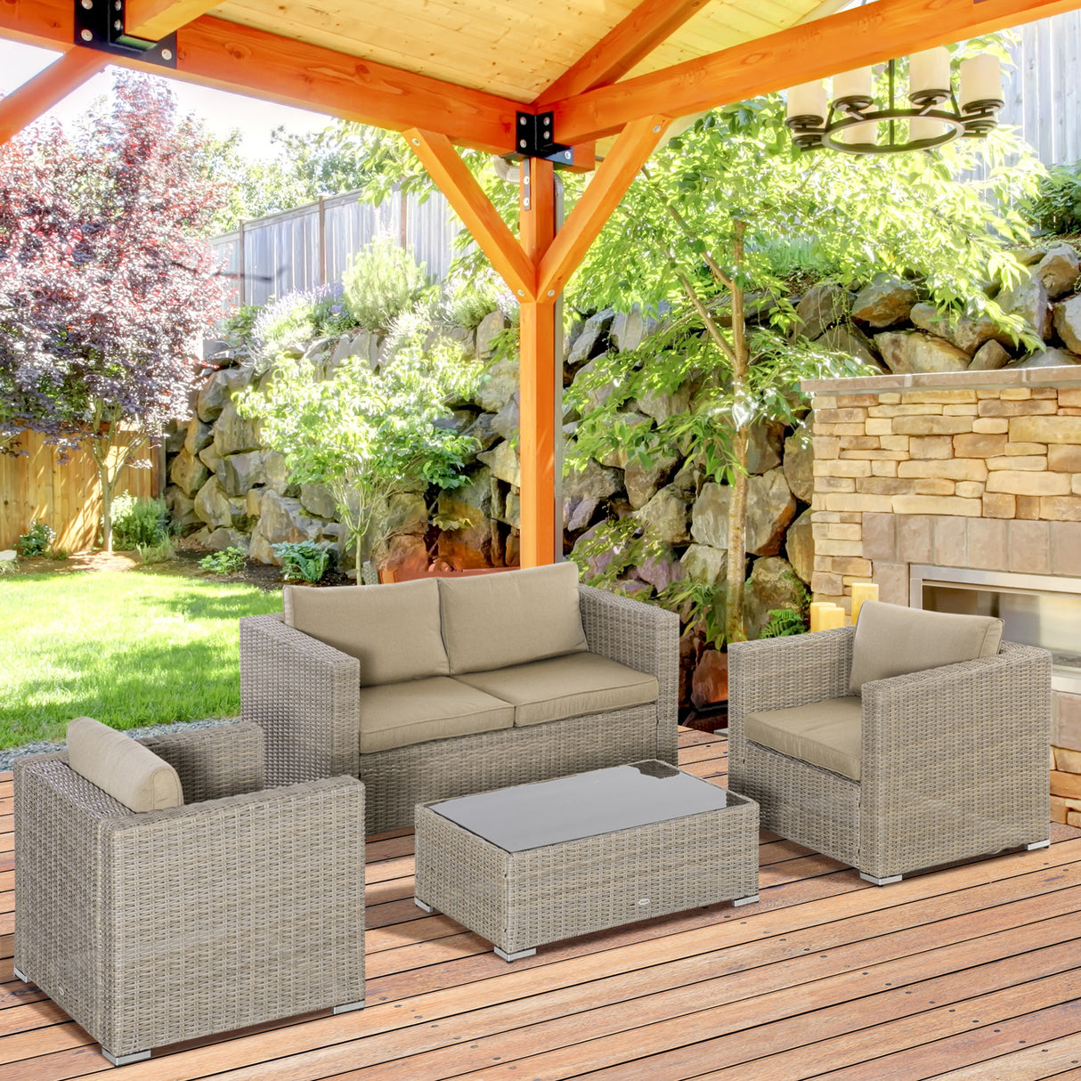 easycomfort easycomfort set mobili da giardino 4 pezzi in rattan pe salotto da esterno con 1 divano 2 poltrone 1 tavolino e cuscini rimovibili e lavabili kaki e beige