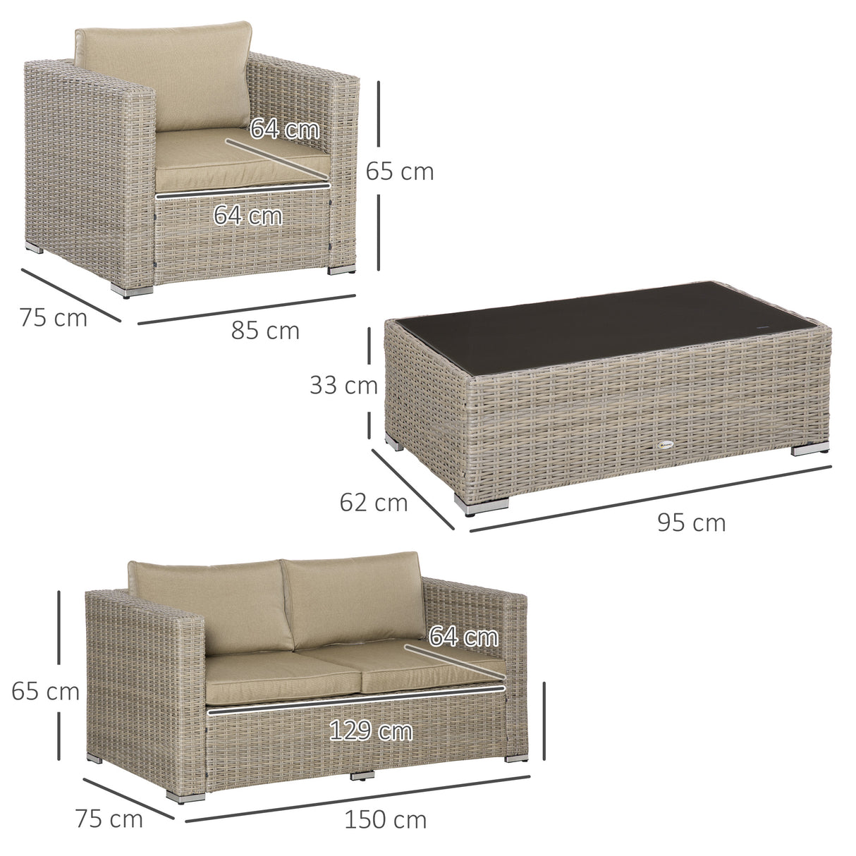 easycomfort easycomfort set mobili da giardino 4 pezzi in rattan pe salotto da esterno con 1 divano 2 poltrone 1 tavolino e cuscini rimovibili e lavabili kaki e beige