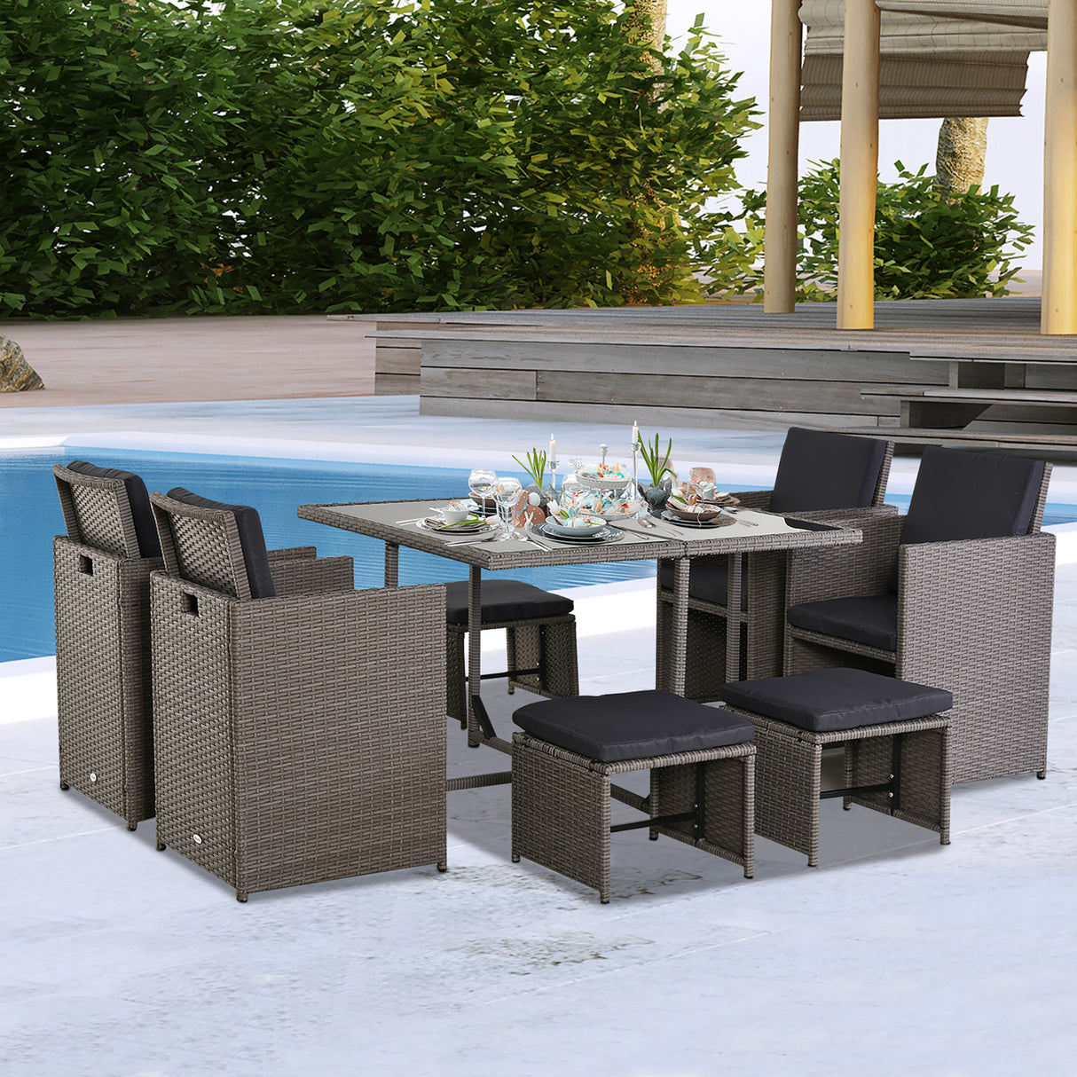 easycomfort easycomfort set mobili da giardino esterno 9 pezzi tavolo con 4 sedie 4 poggiapiedi in rattan grigio