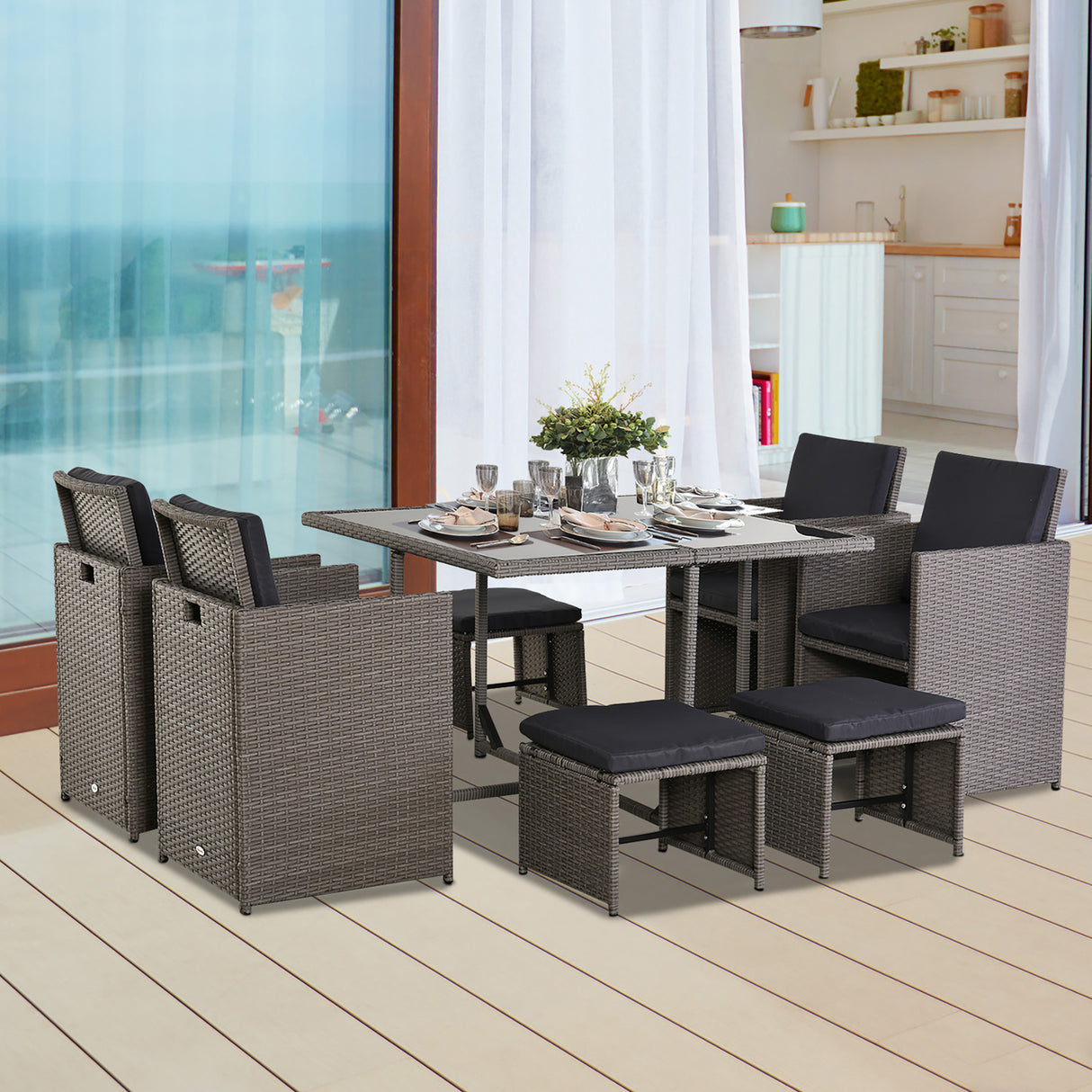 easycomfort easycomfort set mobili da giardino esterno 9 pezzi tavolo con 4 sedie 4 poggiapiedi in rattan grigio