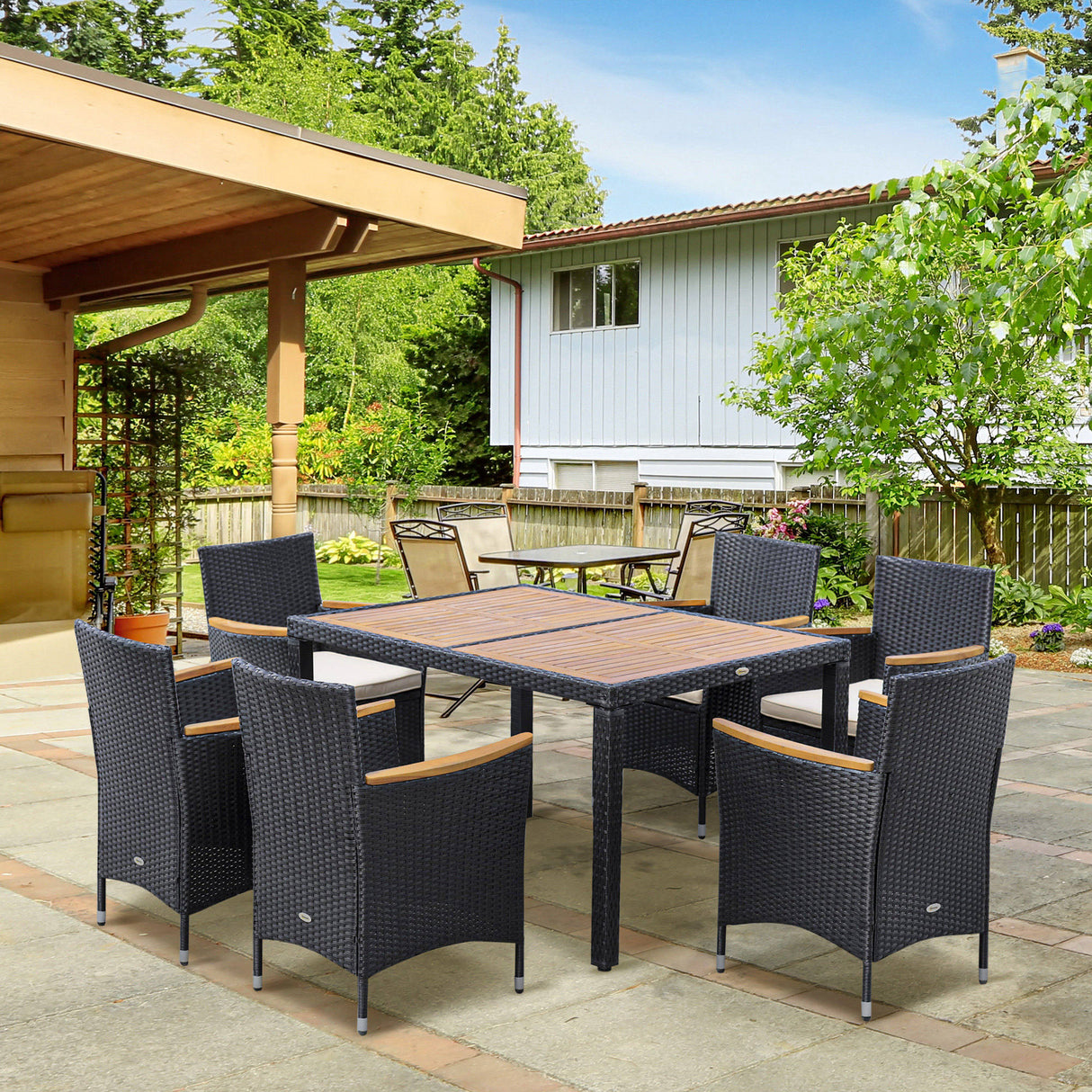 easycomfort easycomfort set tavolo e sedie da giardino 7 pezzi in pe rattan e legno con cuscini morbidi nero