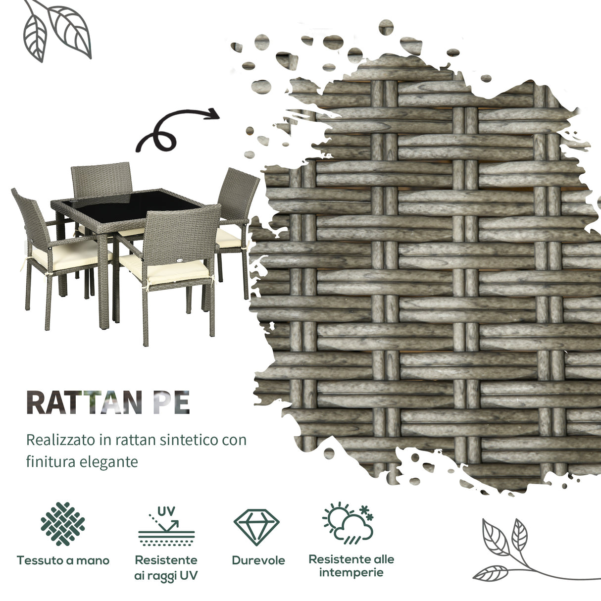 easycomfort easycomfort set da esterni in rattan pe con tavolo e 4 sedie con cuscini grigio