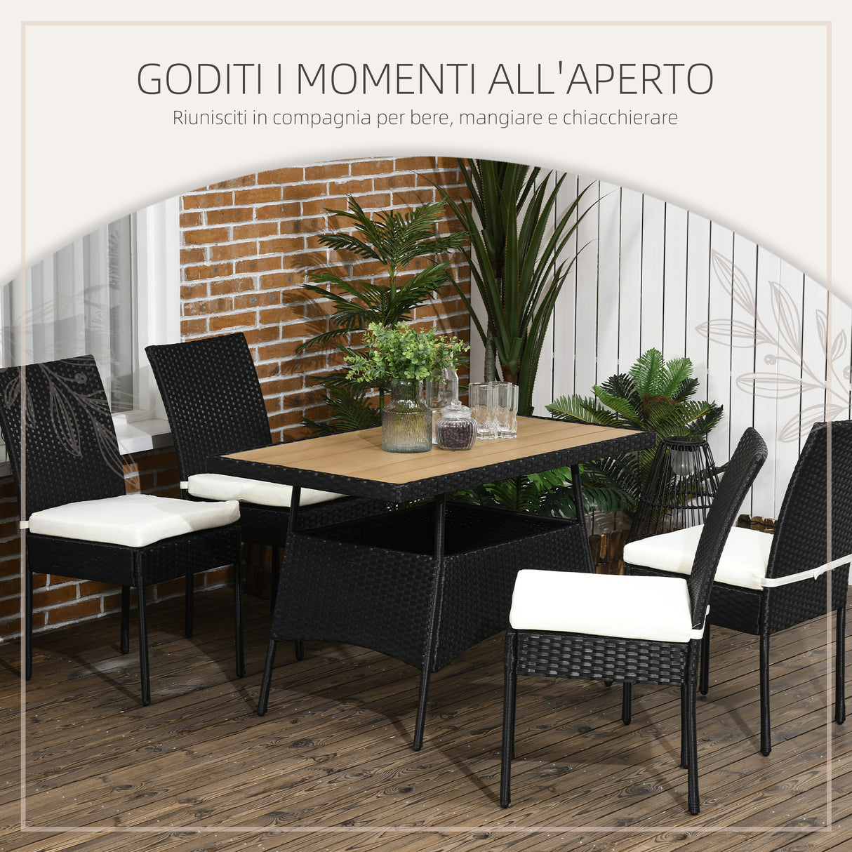 easycomfort easycomfort set da giardino con tavolo e 4 sedie da esterno in acciaio e rattan pe nero