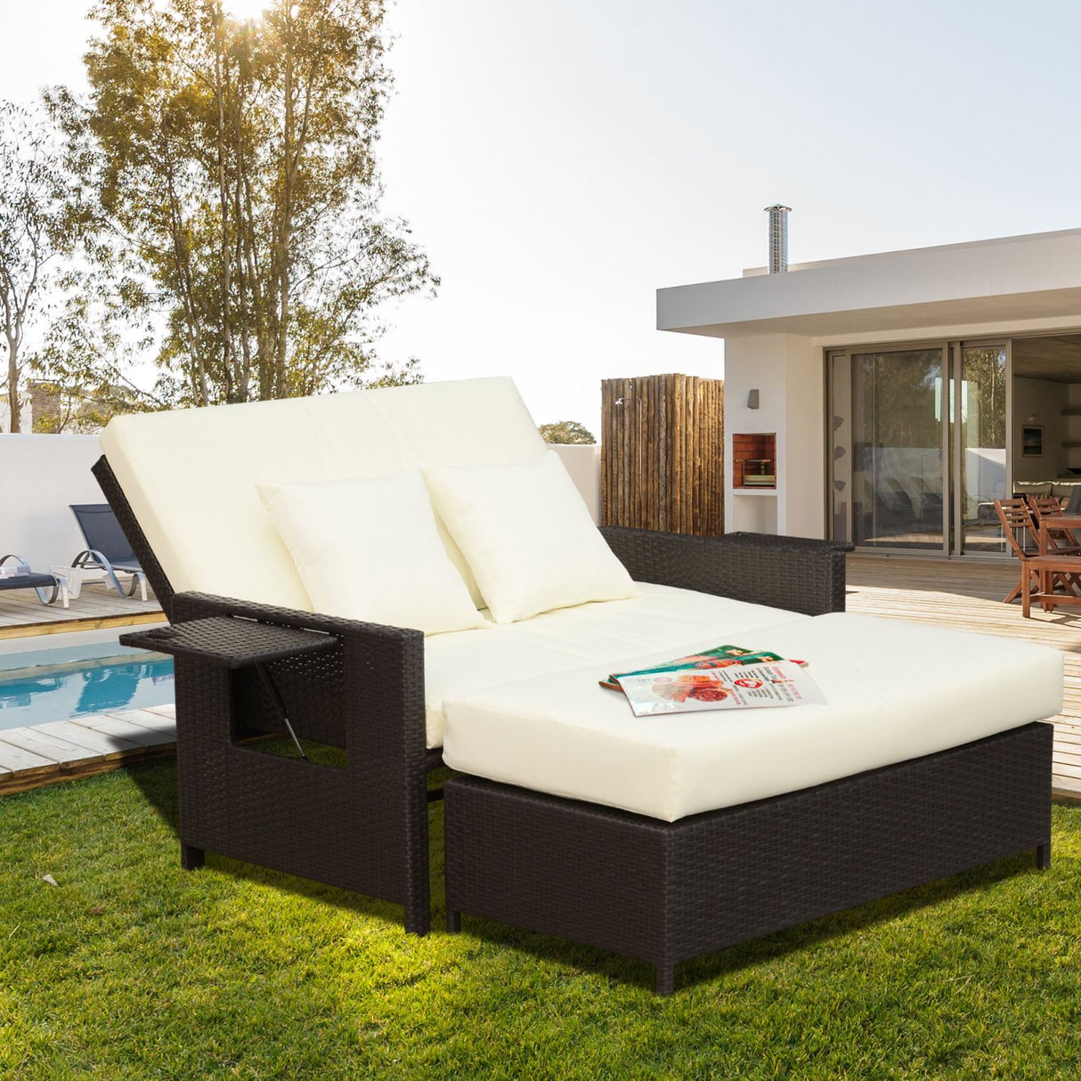 easycomfort easycomfort divanetto da giardino con panca poggiapiedi in rattan pe marrone ean 8055776916231