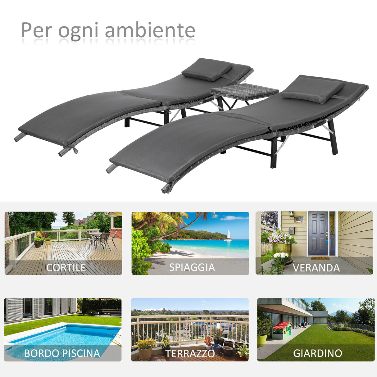 easycomfort easycomfort lettini prendisole richiudibili con cuscini rimovibili e tavolino pieghevole set 3 pz in rattan grigio
