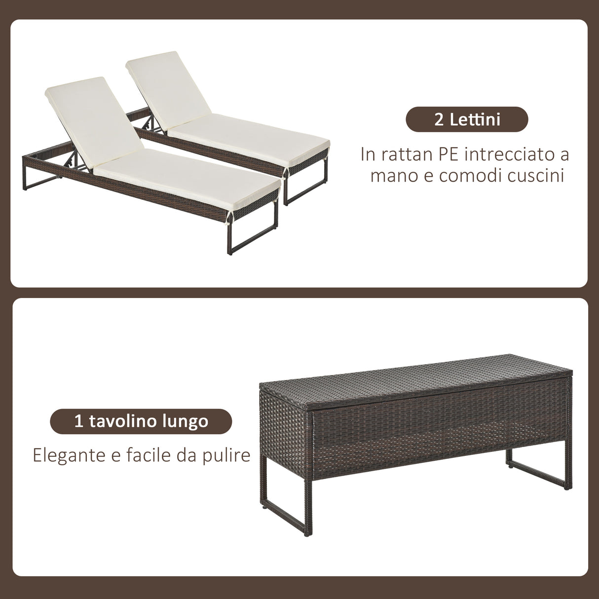 easycomfort easycomfort set 2 lettini prendisole con tavolino in pe rattan marrone