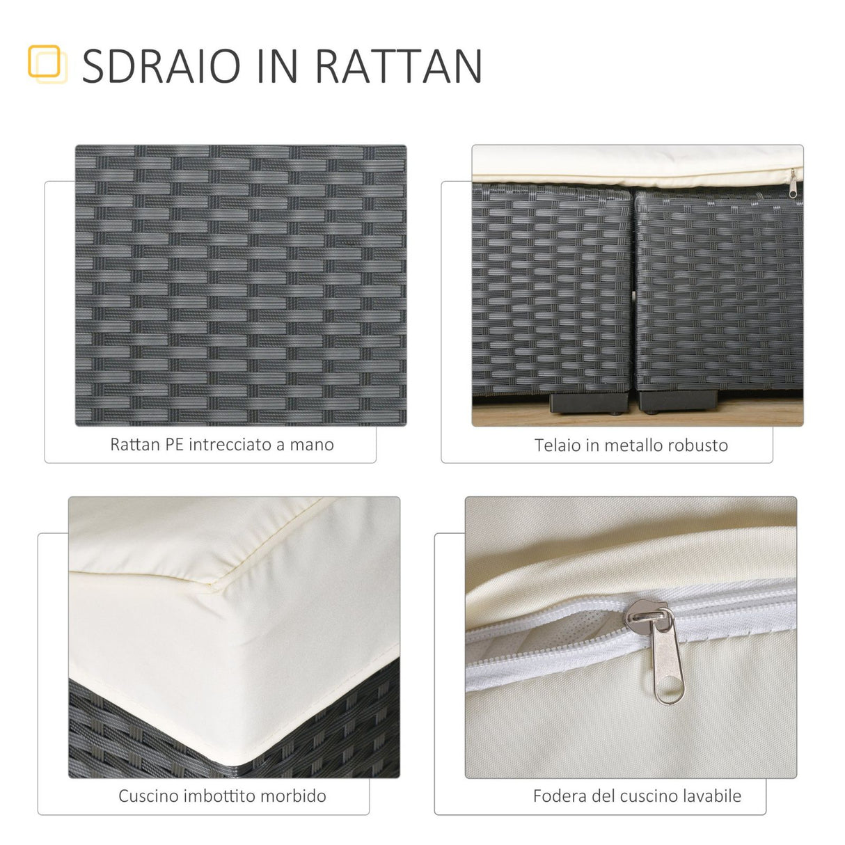easycomfort easycomfort lettino sdraio prendisole pieghevole in pe rattan nero con materassino bianco crema ean 8055776915807