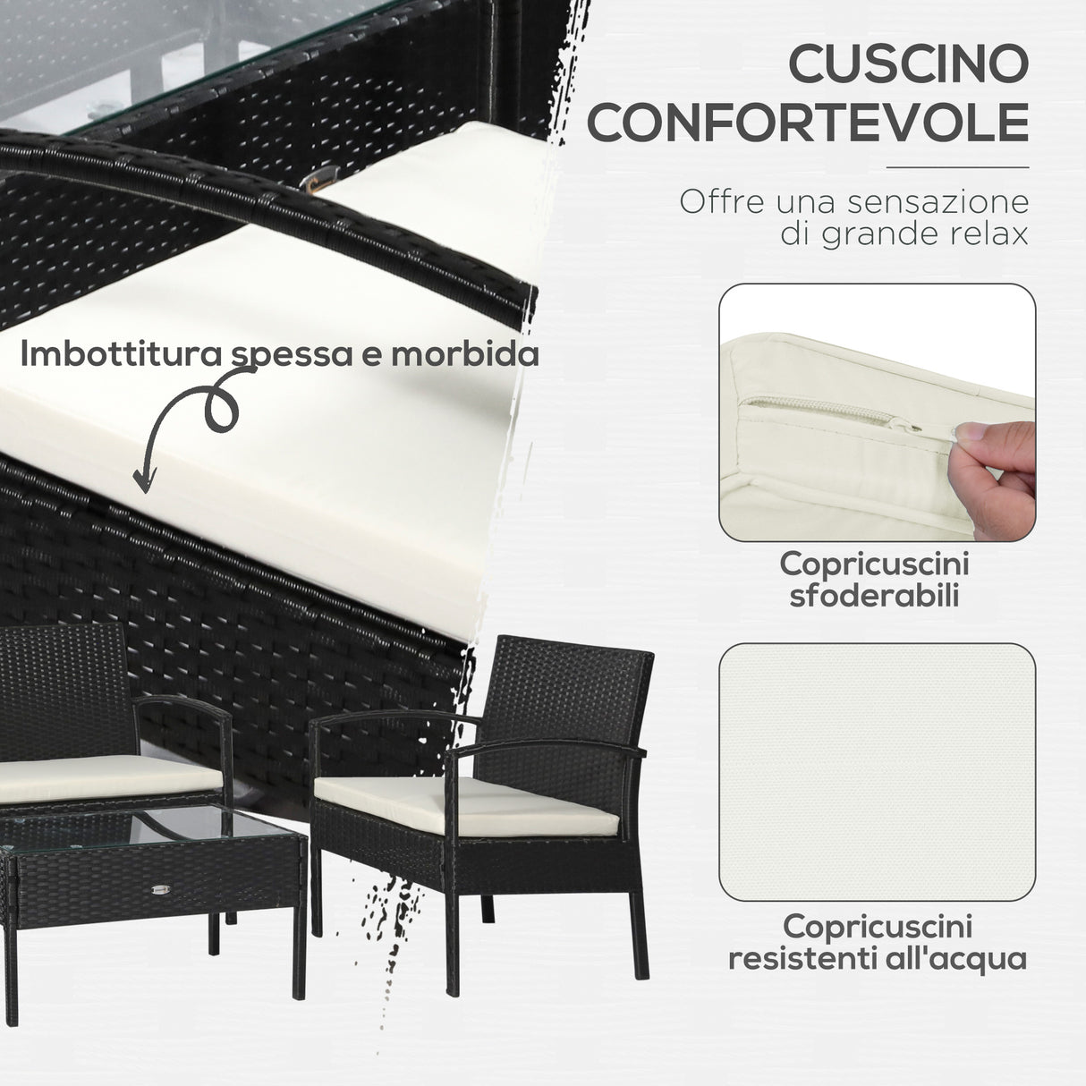 easycomfort easycomfort salotto da giardino in pe rattan con tavolino 2 poltrone e divano con cuscini nero ean 8054144139326