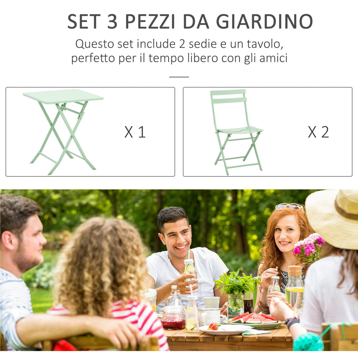 easycomfort easycomfort set tavolo e sedie da giardino ed esterno in metallo verde set da 3 pezzi pieghevole e salvaspazio ean 8055776911991