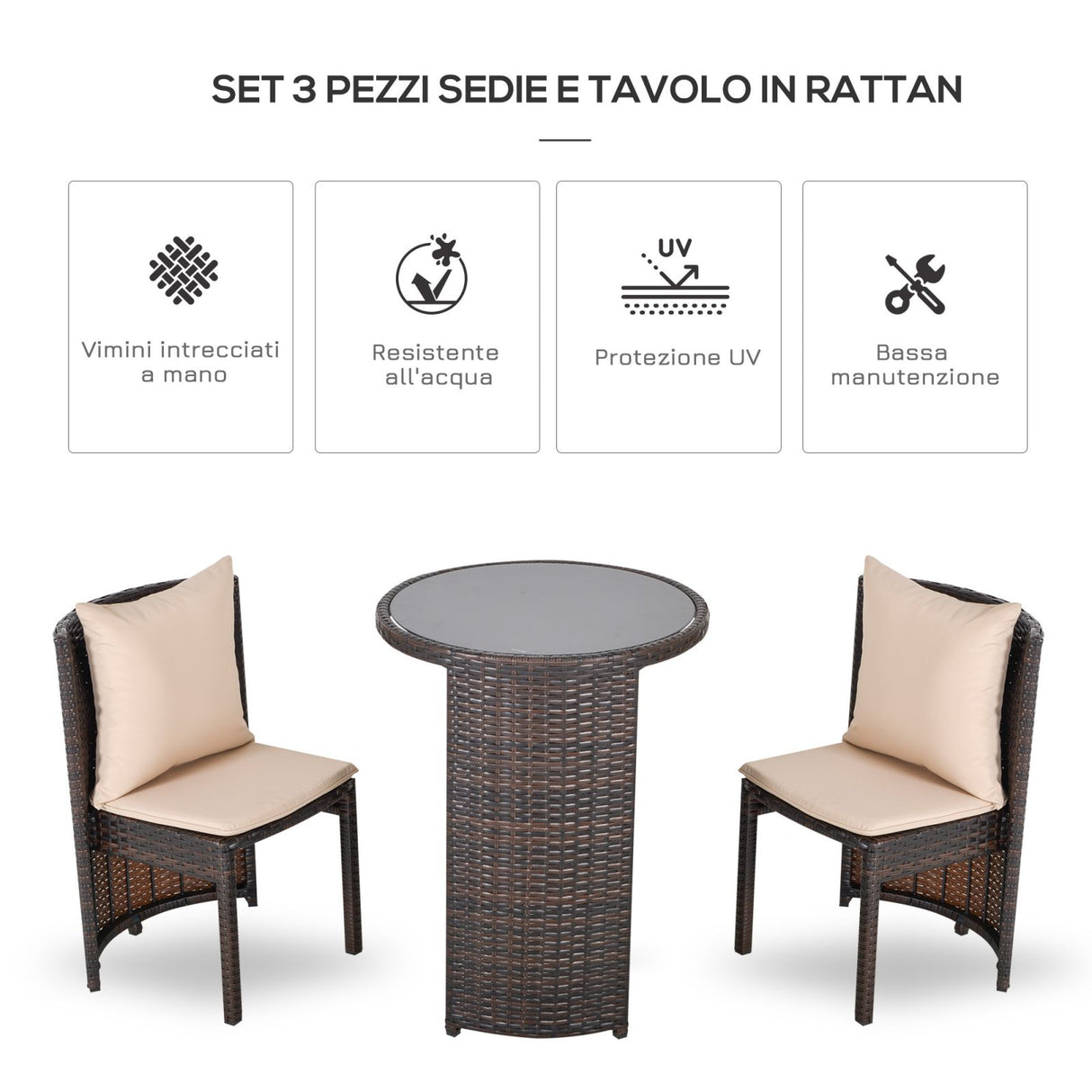 easycomfort easycomfort set tavolino e 2 sedie da esterno in pe rattan marrone e beige ean 8055776916200