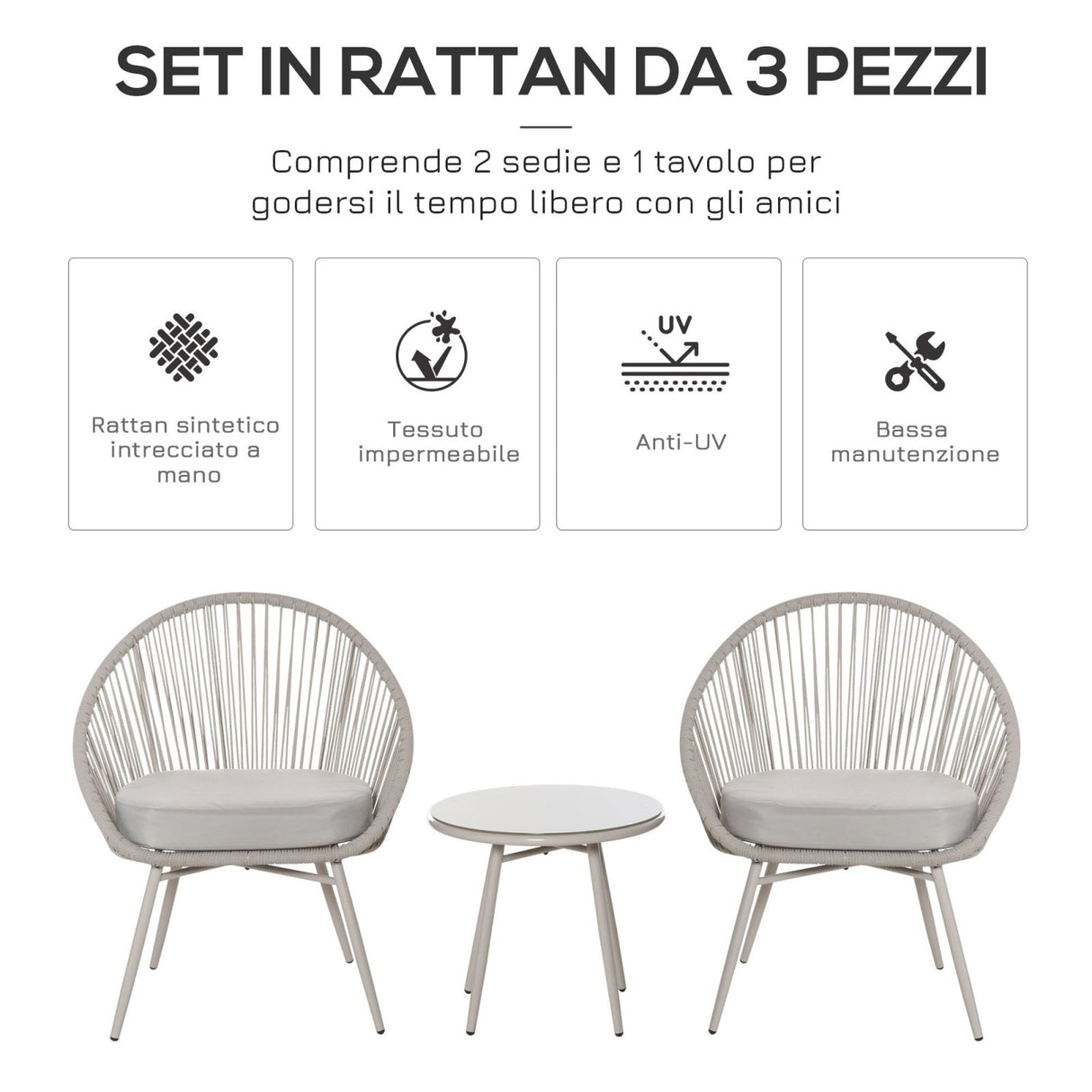 easycomfort easycomfort set poltroncine da giardino intrecciate in pe rattan con tavolino bianco crema ean 8055776915173