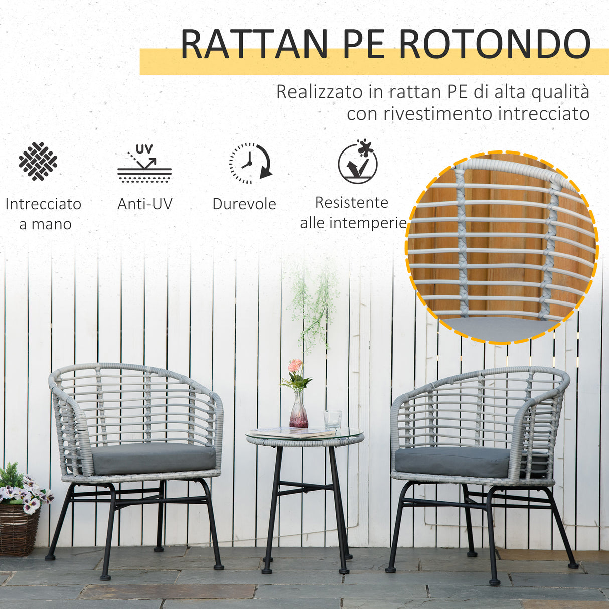 easycomfort easycomfort set 3pz mobili da giardino in rattan sintetico con 1 tavolino e 2 sedie grigio