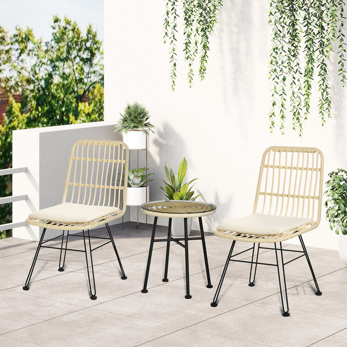 easycomfort easycomfort set mobili da giardino 3 pezzi con tavolino e sedie in rattan pe poilestere e acciaio per esterni crema