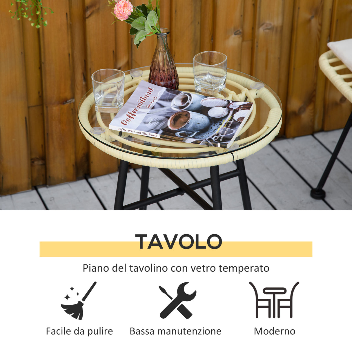 easycomfort easycomfort set mobili da giardino 3 pezzi con tavolino e sedie in rattan pe poilestere e acciaio per esterni crema