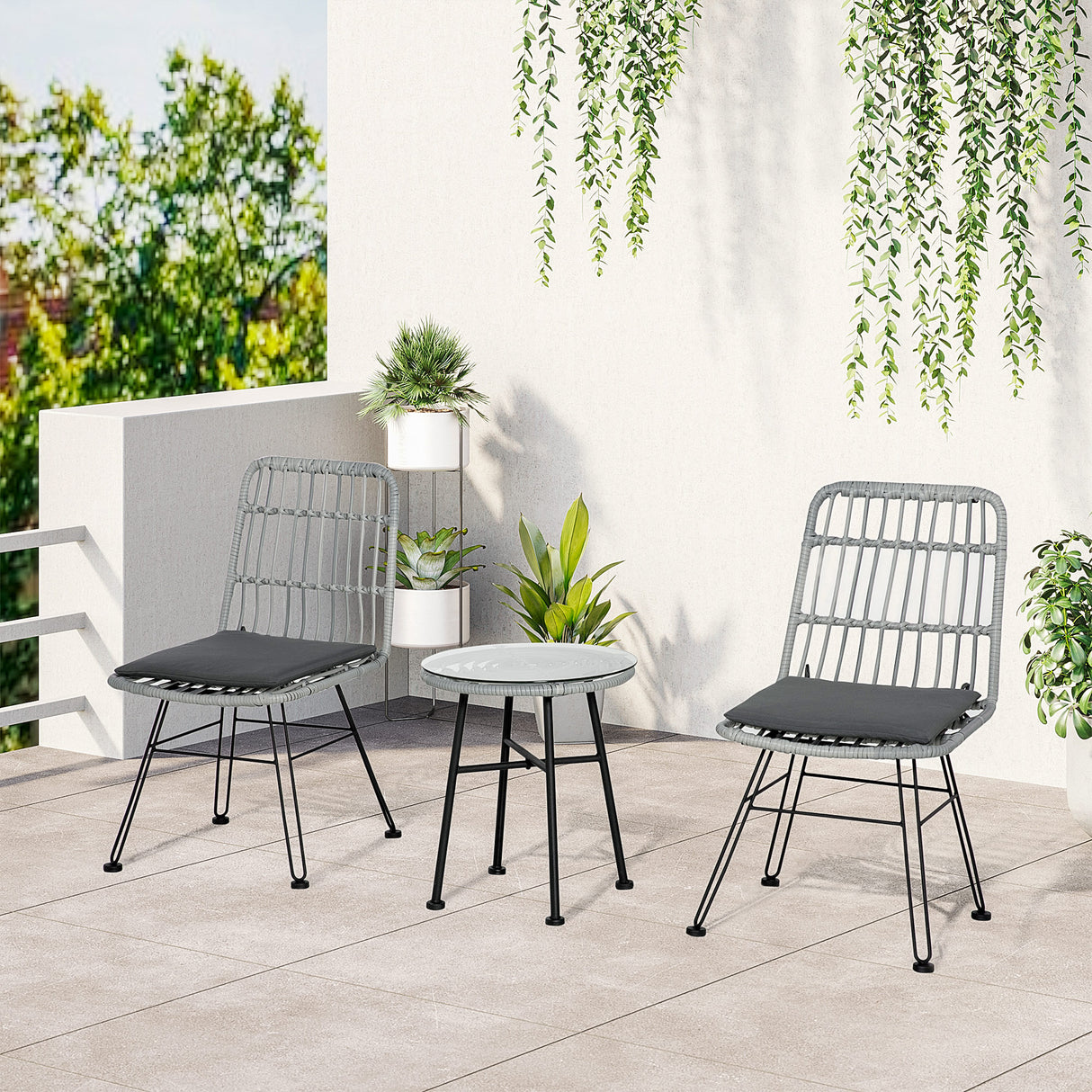 easycomfort easycomfort set mobili da giardino 3 pezzi con tavolino e sedie in rattan pe poilestere e acciaio per esterni grigio